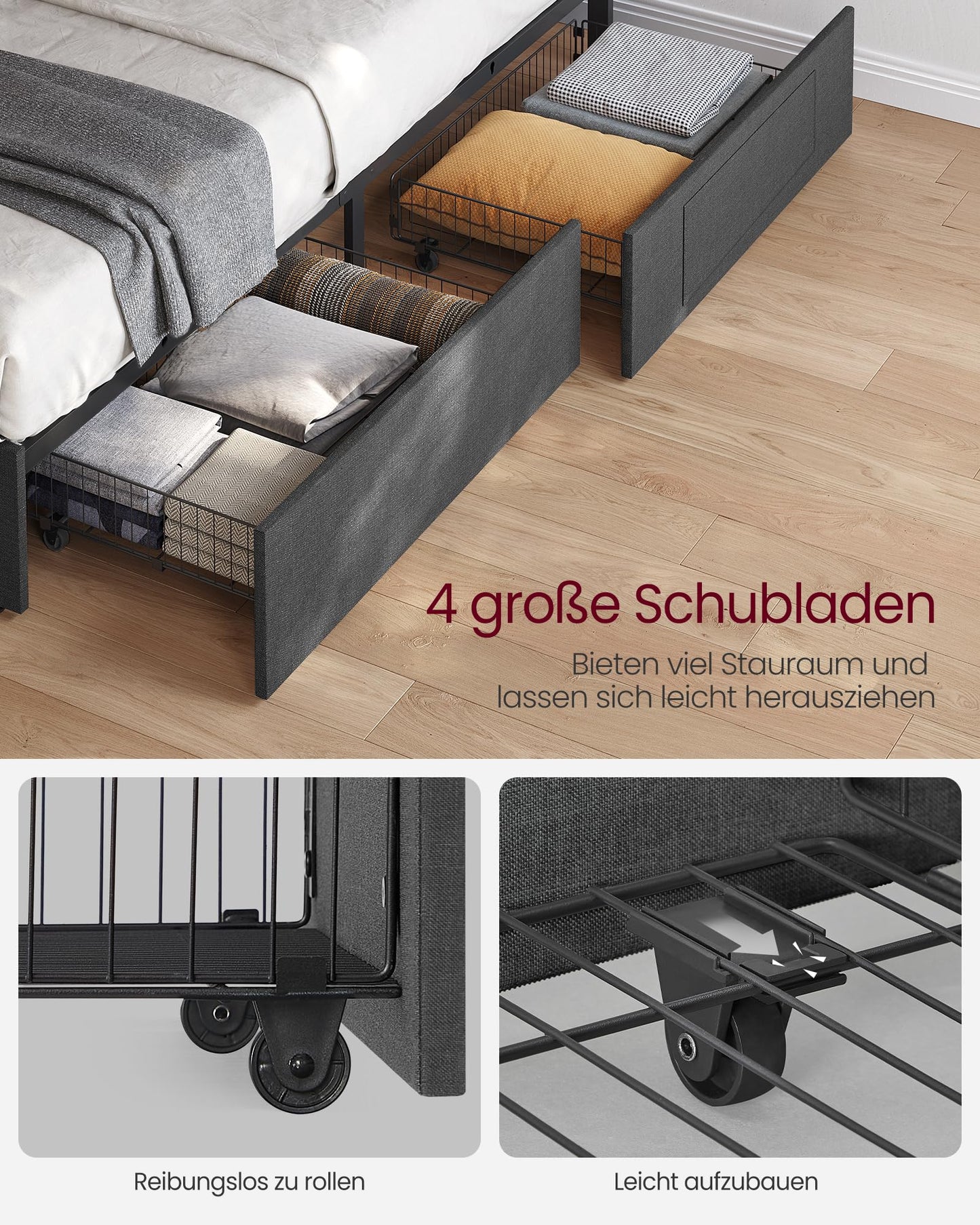 VASAGLE Double Bed Frame - Fits 140 x 200 cm Mattress - LED Metal Bed - 4 Drawers - Charging Station - Adjustable Padded Headboard - Slate Grey RMB827G02