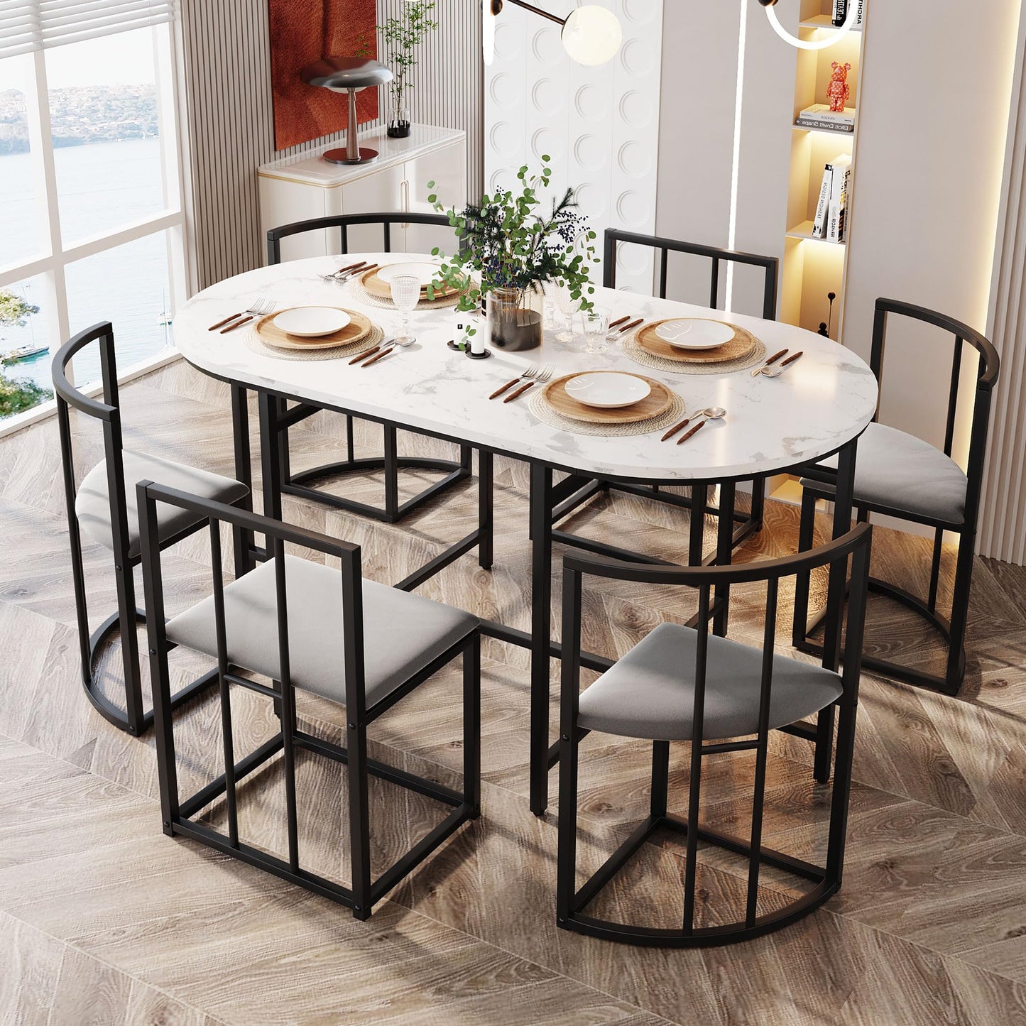 Gegtuon Esstisch 7 teilig für 6 Personen 140x80x76cm, Esstisch Rund mit 6 Stühlen und Tisch, Modern Küchentisch Metallgestell mit Rückenlehne, Essgruppe für Esszimmer Wohnzimmer Küche, Schwarz
