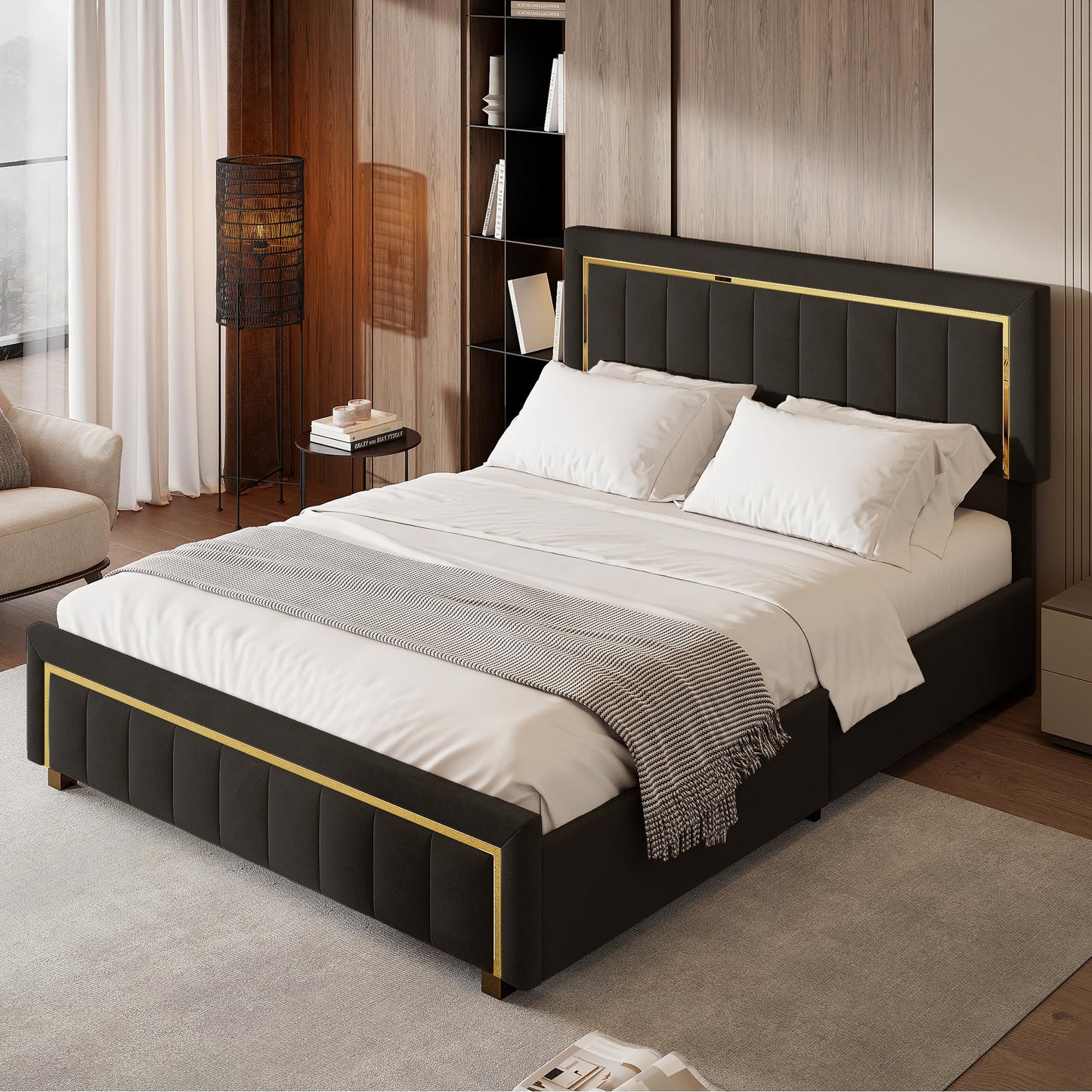 WOBOPCG Upholstered Double Bed 140 x 200, Hydraulic Storage Bed with Slatted Bases, Double Bed with Storage Space, Functional Bed with Storage Space (Grey + Flannel, 140 x 200)