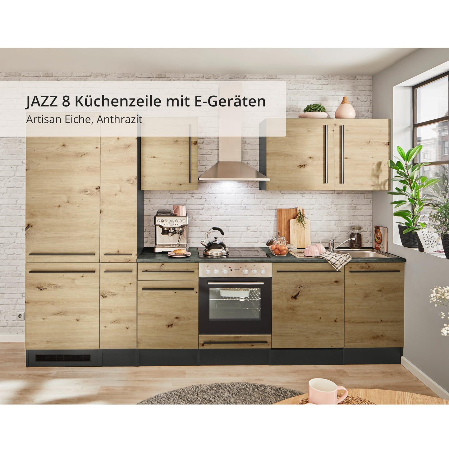 Jazz 8 Moderne Küchenzeile ohne Elektrogeräte in Anthrazit, Artisan Eiche Optik - Geräumige Einbauküche mit viel Stauraum - 220 x 211 x 60 cm (B/H/T)