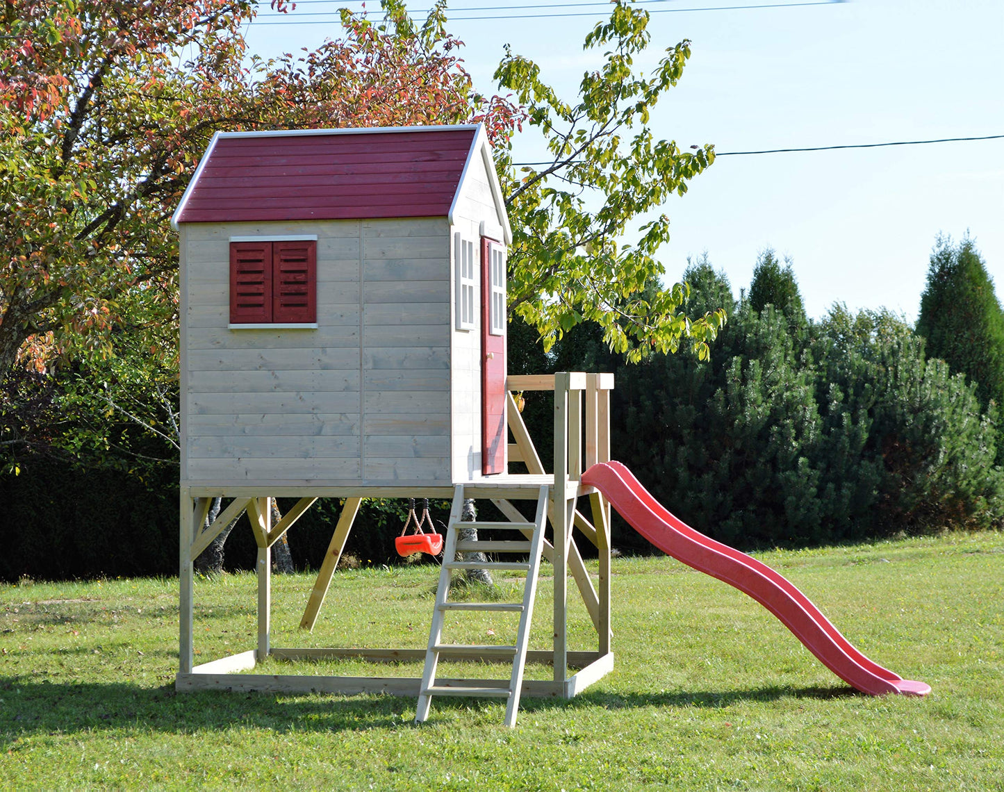 Wendi Toys M24G Children's Outdoor Stilt House with Slide and Swing, 330 x 350 x 242 cm, Grey, FSC Wood, Playhouse Children Outdoor with Swing & Plastic Slide for Garden, Playground for Garden