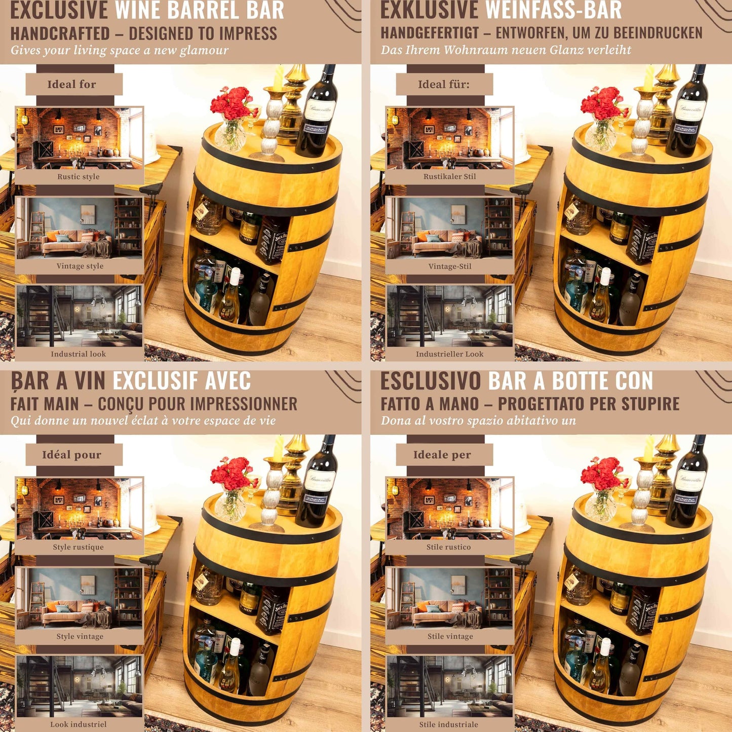 CREATIVE COOPER Wine Barrel Bar Table - Mini Bar Shelf Round - Alcohol Shrank Bottle Rack Wooden Shelves - Wooden Barrel Decoration - Wine Rack - Barrel Furniture - Wine Rack - Furniture Living Room -