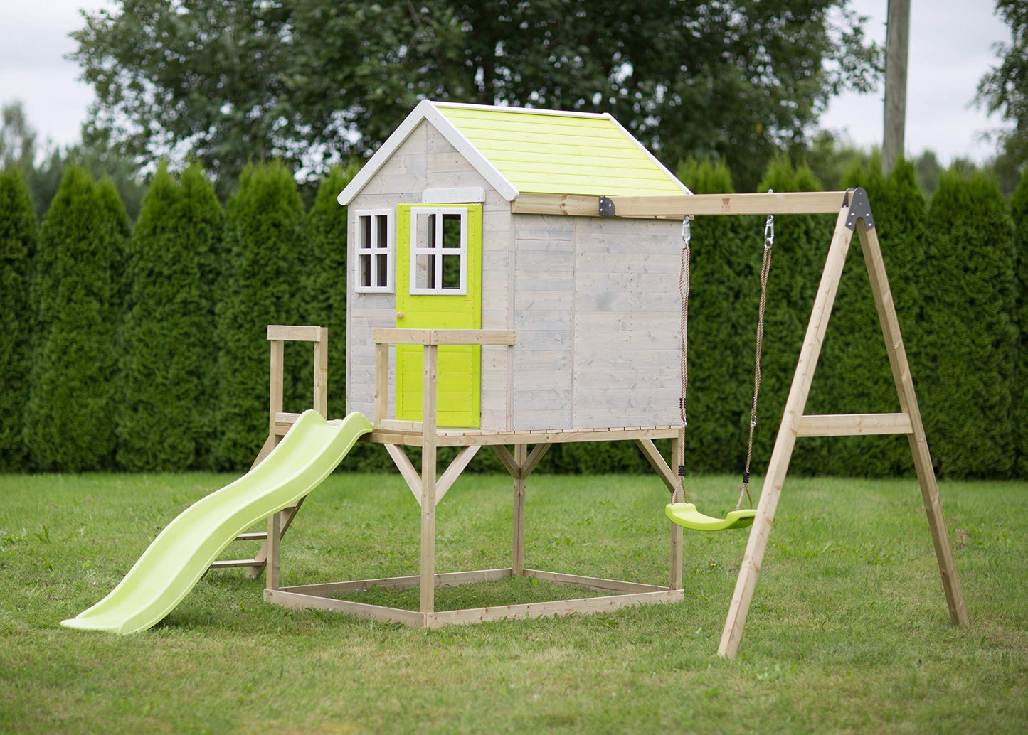 Wendi Toys M24G Children's Outdoor Stilt House with Slide and Swing, 330 x 350 x 242 cm, Grey, FSC Wood, Playhouse Children Outdoor with Swing & Plastic Slide for Garden, Playground for Garden