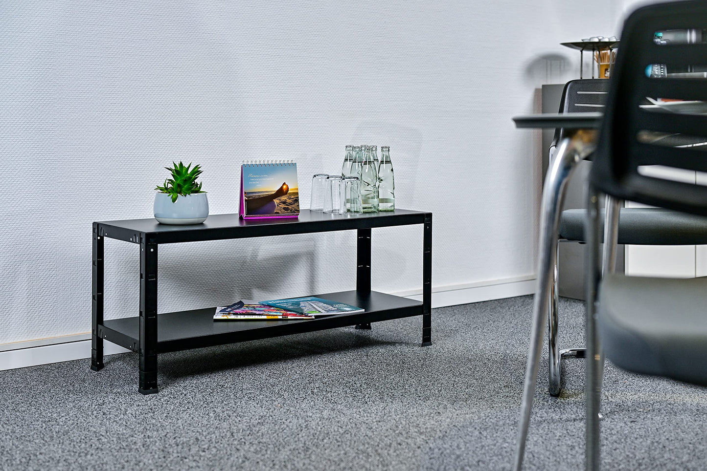 Schulte Regalwelt Boltless Shelving Unit with 2 PowerMAX Shelves, 65 kg Load Capacity, 43 x 100 x 35 cm (H x W x D), Black Structure, Storage Shelf, Workshop Shelf, Basement Shelf, Garage Shelf, Metal