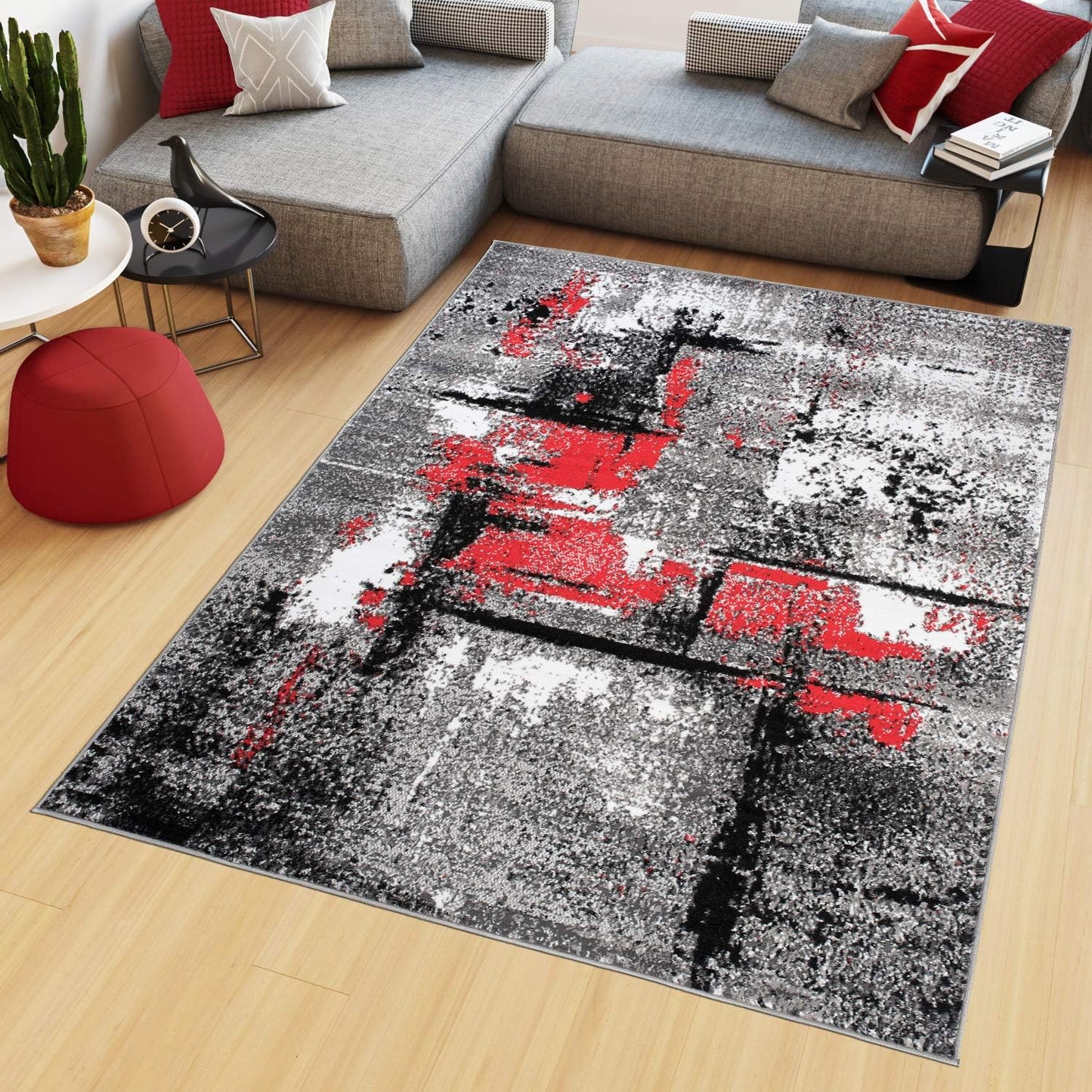 TAPISO Maya Short Pile Rug, Modern Blurred/Heathered/Striped Design, Black/Grey/Red/White, for Living Rooms, Bedrooms, OEKO-TEX, 200 x 300 cm