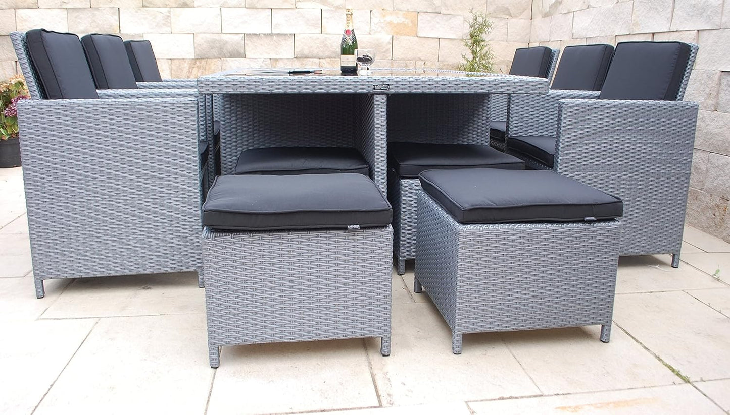 Ragnarök-Möbeldesign Heimdall Premium PolyRattan - Deutscher Hersteller - 8 Jahre GARANTIE - Aluminium Gartenmöbel Essgruppe Tisch Stuhl Hocker Platinum Grau Rostfrei Sitzgruppe