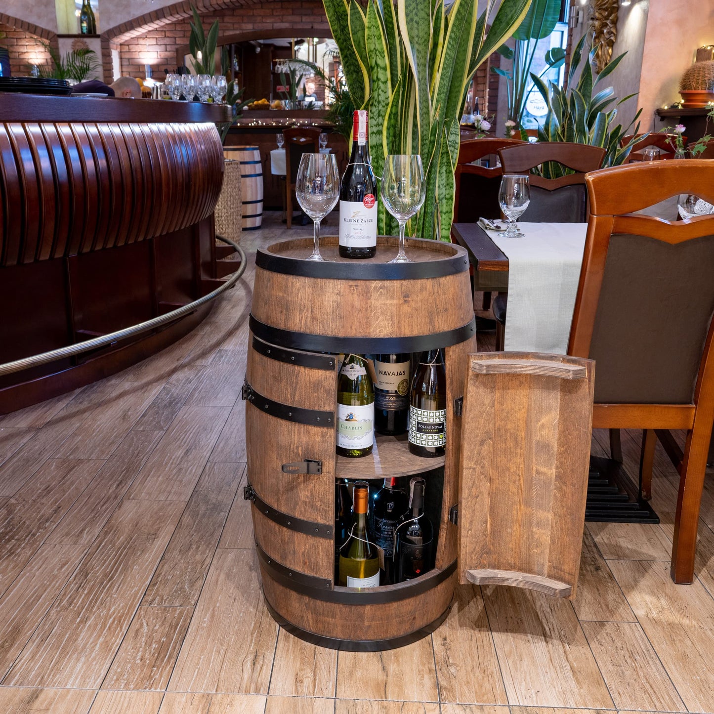 CREATIVE COOPER Wooden Wine Rack with Door with LED - Alcohol Cabinet Bottle Rack Wood - Wooden Barrel - Barrel Furniture - Wine Stand - Wine Barrel - Wine Bar - Barrel Bar with Door - Mini Bar 80 cm