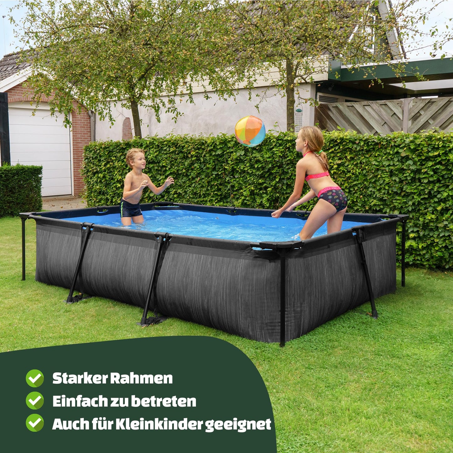 EXIT Toys Soft Grey Pool - 300x200x65cm - Rechteckiger, Kompakter Rahmenpool mit Kartuschenfilterpumpe - Leicht Zugänglich - Für Kleinkinder Geeignet - Starker Rahmen - Einzigartiges Design - Grau