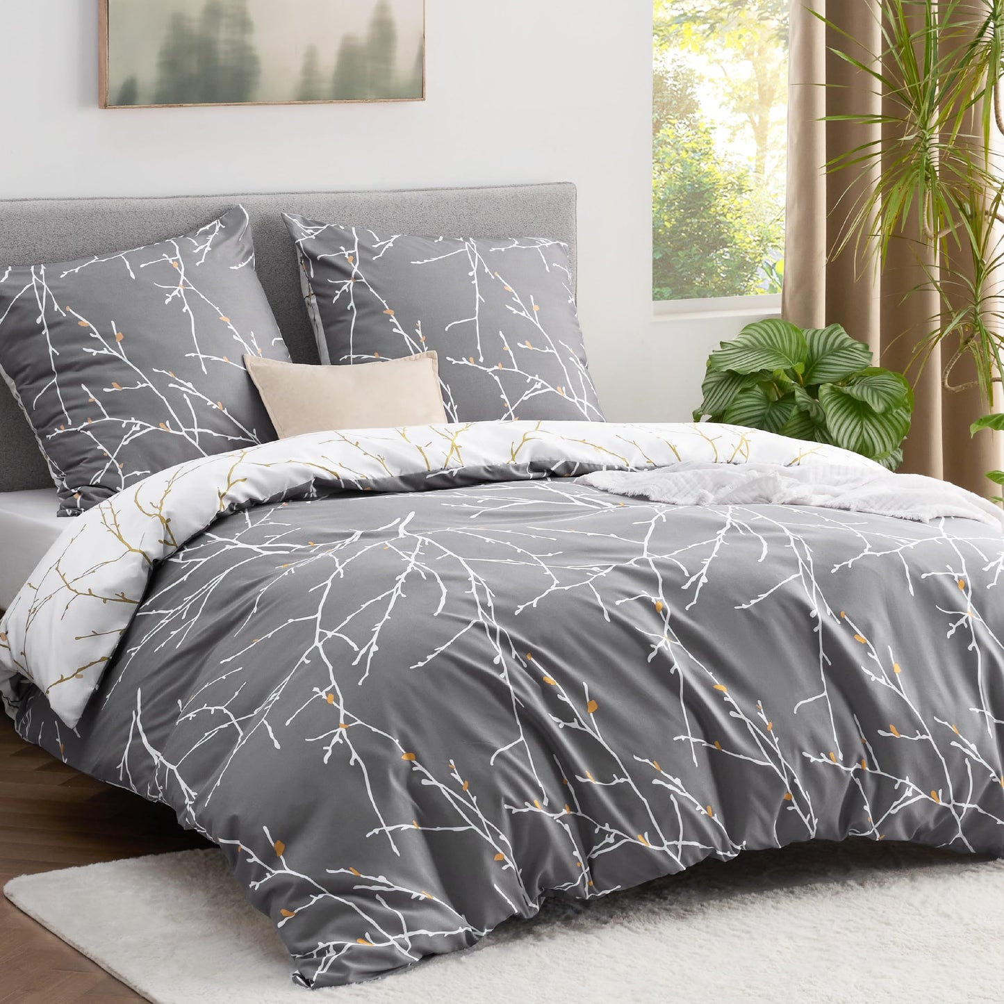 BEDSURE Bettwäsche 135x200 4teilig Bettbezug - Bettwäsche-Sets 135 x 200 cm 2er Set mit 2 Kissenbezüge 80x80cm, ÖKO-TEX Wendebettwäsche Bedding Zweige Grau Muster mit Reißverschluss