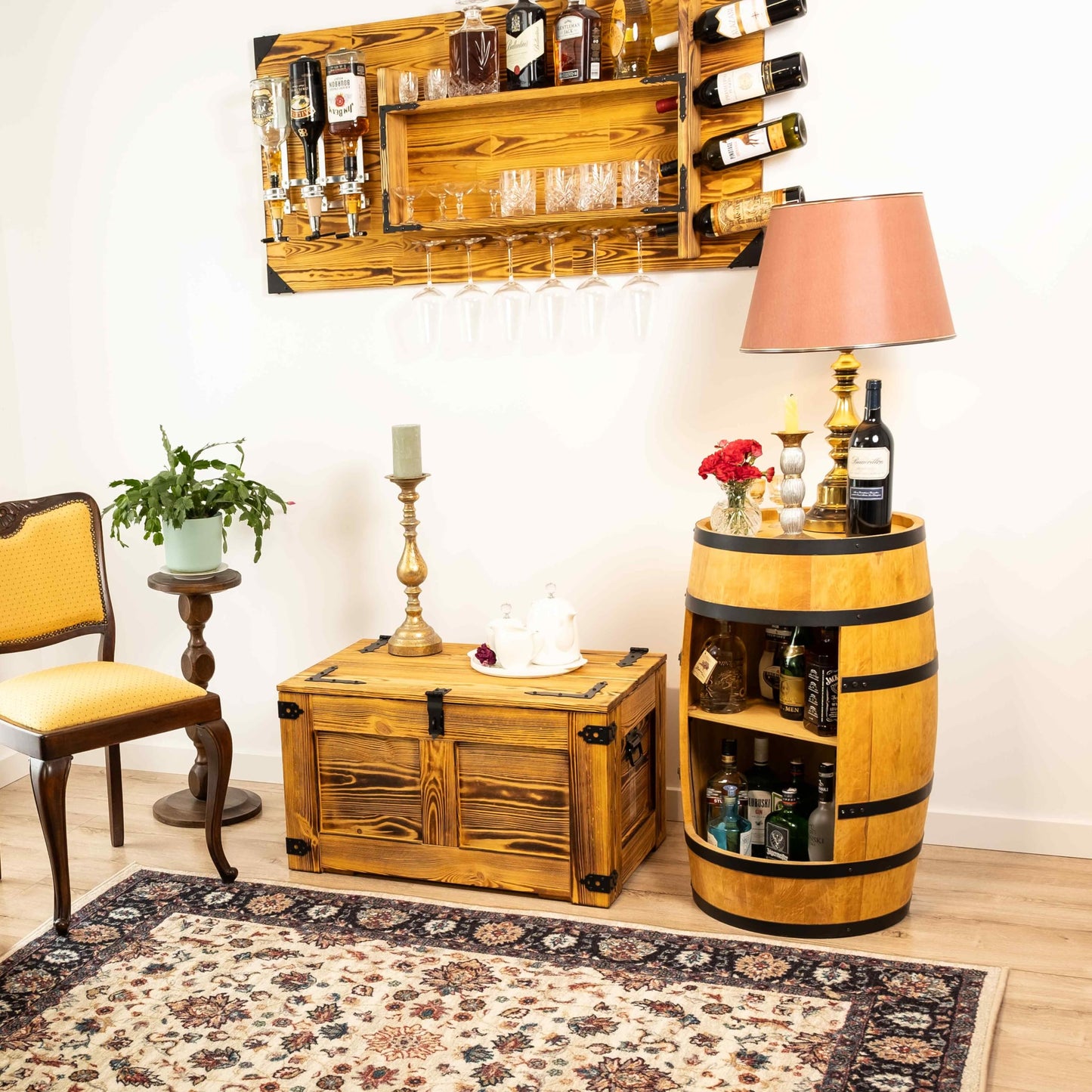 CREATIVE COOPER Wine Barrel Bar Table - Mini Bar Shelf Round - Alcohol Shrank Bottle Rack Wooden Shelves - Wooden Barrel Decoration - Wine Rack - Barrel Furniture - Wine Rack - Furniture Living Room -