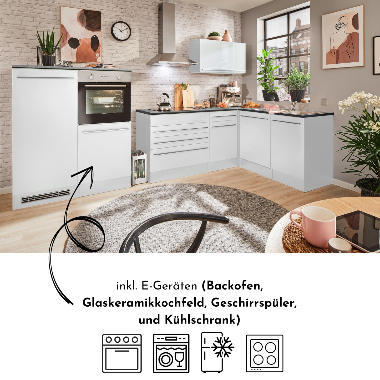 Jazz 4 Modern Corner Kitchen with Electrical Appliances in White High Gloss, Metallic Grey - Spacious Kitchen Unit in L-Shaped with Lots of Storage Space - 320 x 200 x 60 cm (W x H x D)