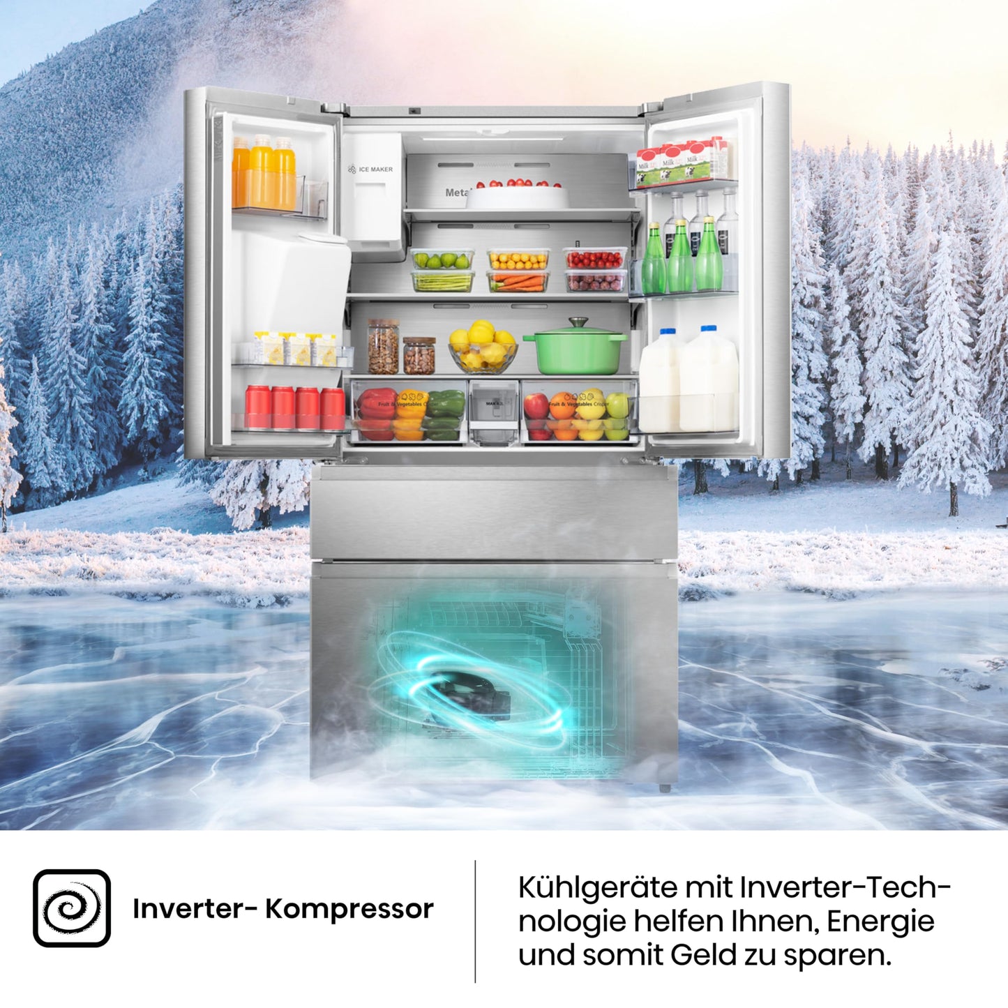 Hisense RF632N4WIE French Door Kühl-Gefrierkombination/ NoFrostPlus/ Inverter-Kompressor/ Wasserspender/ CrispZone/ 200 cm/ Kühlteil 336 l/ Gefrierteil 149 l/ 38 dB/ 295 kWh/ Jahr/ Inox-Look