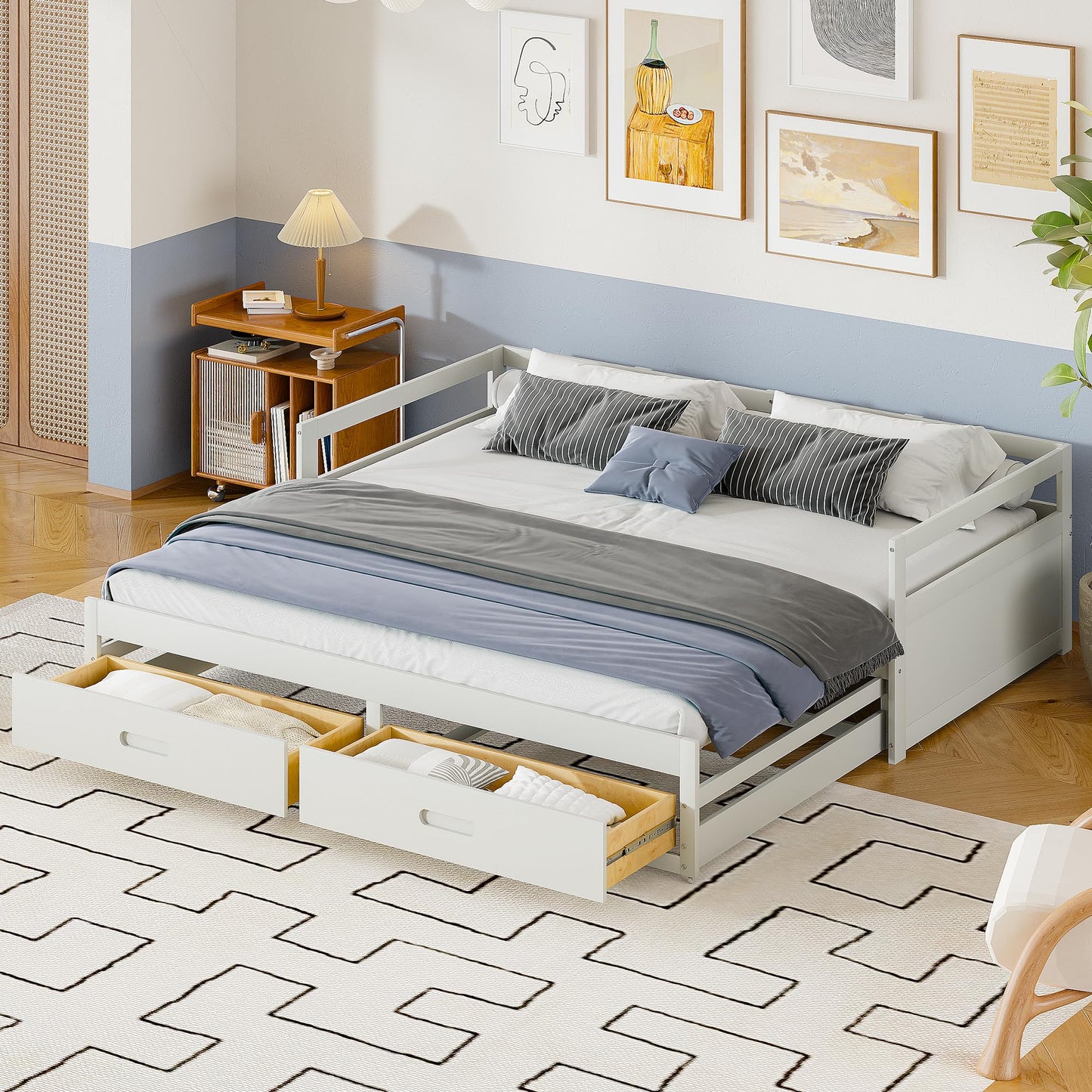 Merax Hausbett 90x200 cm mit 2 Schubladen, für 2 Kinder Doppelbett, Vielseitiges Holz Baumhausbett für Mädchen & Jungen, Stabil Spielbett Gitterbett mit Rausfallschutz und Lattenrost, Weiß