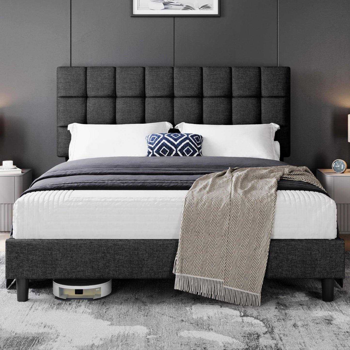 Yaheetech Upholstered Bed 140 x 200 cm Double Bed with Height-Adjustable Headboard, Sturdy Bed Frame, Fabric Bed with Slatted Frame, Padded Bed Frame, Youth Bed, Dark Grey