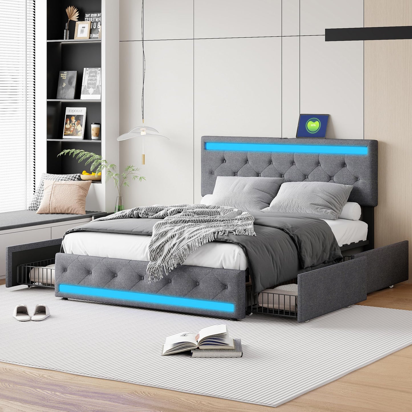 KeepGoon Doppelbett 140 x 200 cm,Polsterbett mit LED-Leuchten, 4 Eisenschubladen und einem USB Ladeanschluss,Stauraumbetten Bettgestell,Leinenstoff (Beige)