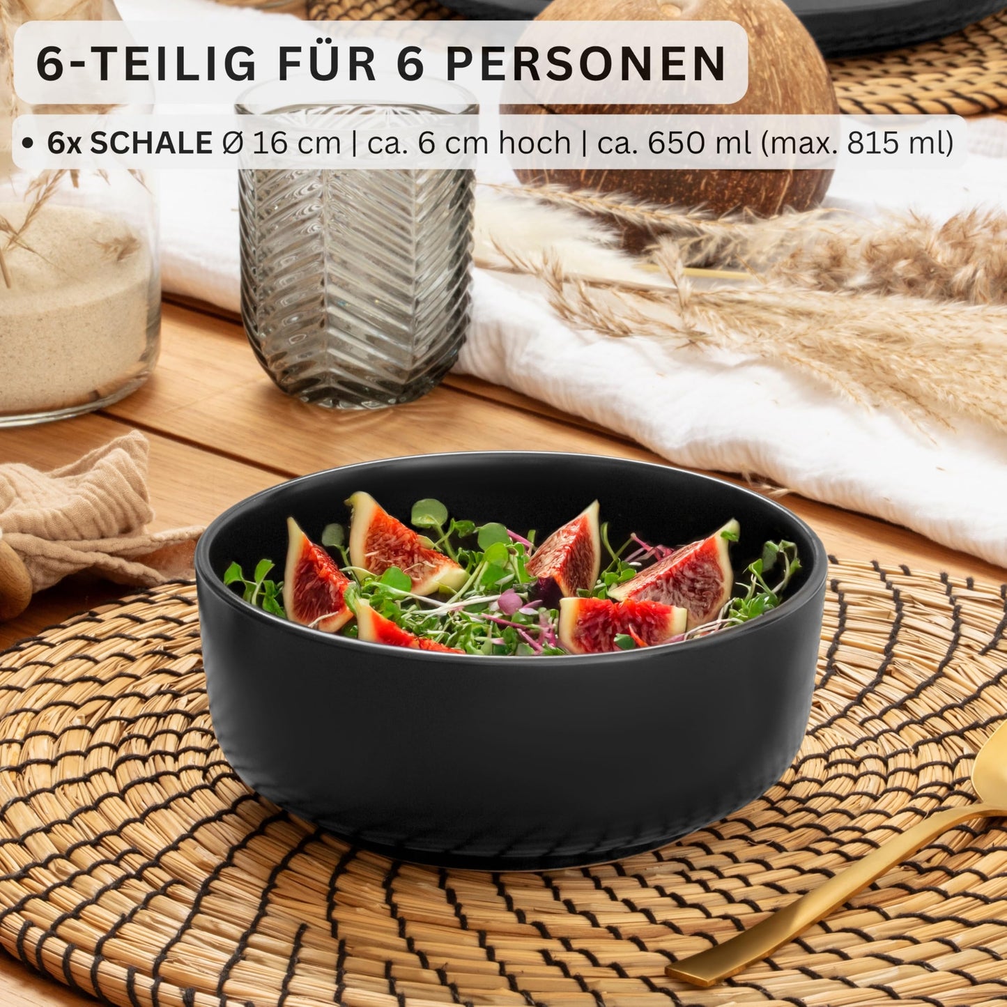 SÄNGER Madeira | Steingut Geschirr Set 18 tlg, Teller Set 6 Personen, Geschirrset 6x Speiseteller 6x Müslischalen 6x Dessertteller, Tafelservice schwarz kratzfest, Essgeschirr matt | VALUE COLLECTION