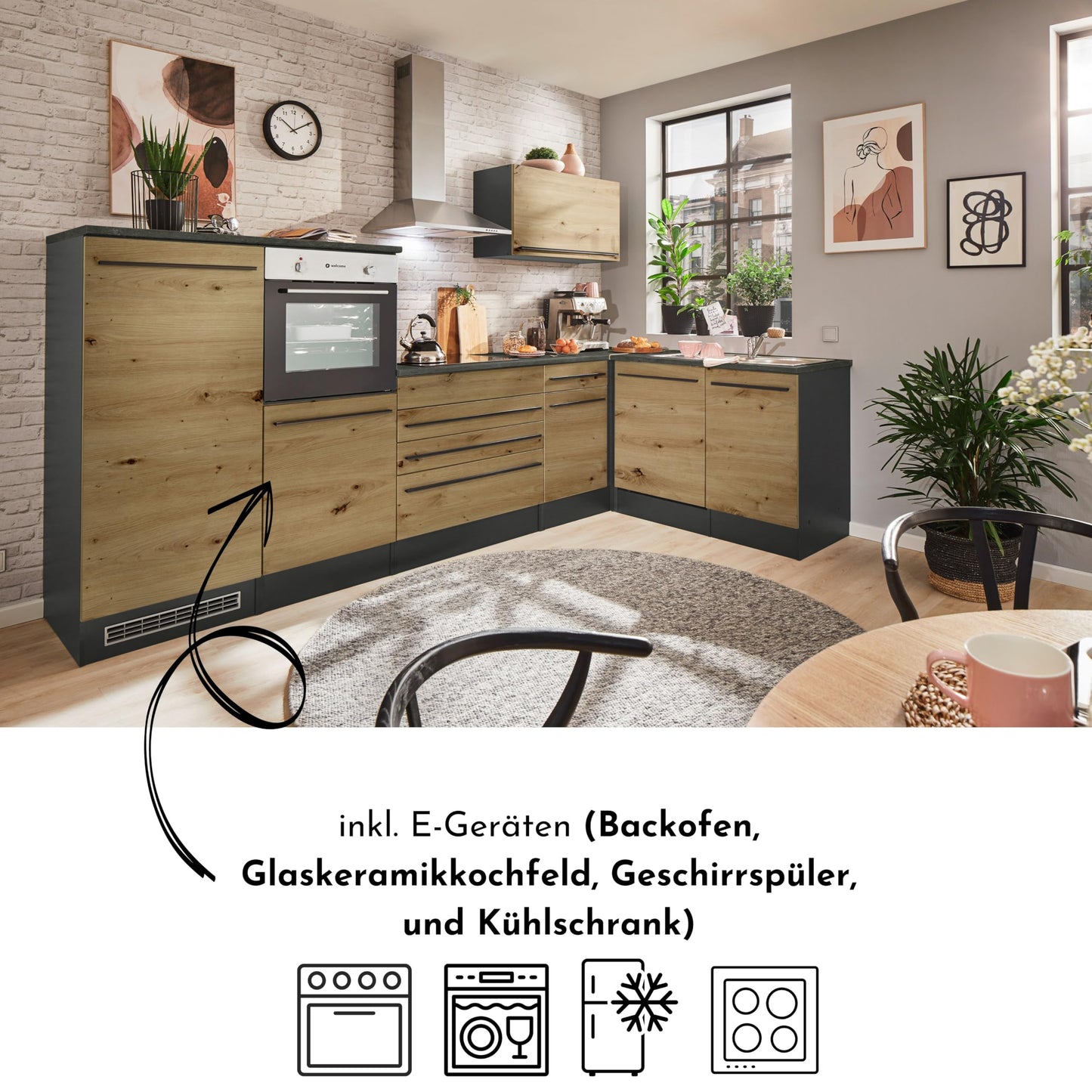 Jazz 4 Modern Corner Kitchen with Electrical Appliances in White High Gloss, Metallic Grey - Spacious Kitchen Unit in L-Shaped with Lots of Storage Space - 320 x 200 x 60 cm (W x H x D)