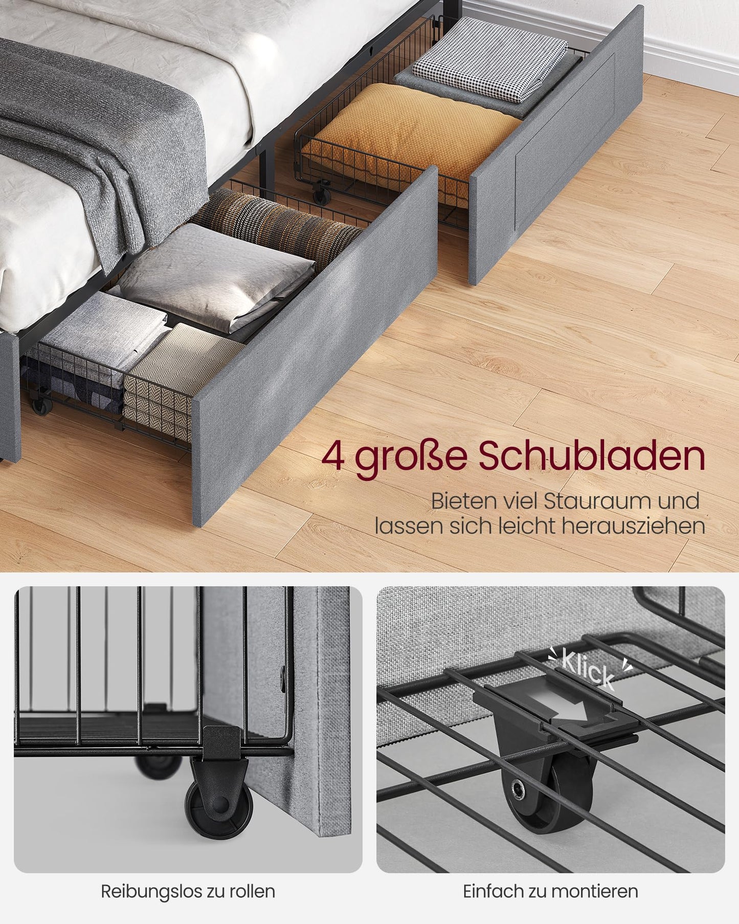 VASAGLE Double Bed Frame - Fits 140 x 200 cm Mattress - LED Metal Bed - 4 Drawers - Charging Station - Adjustable Padded Headboard - Slate Grey RMB827G02