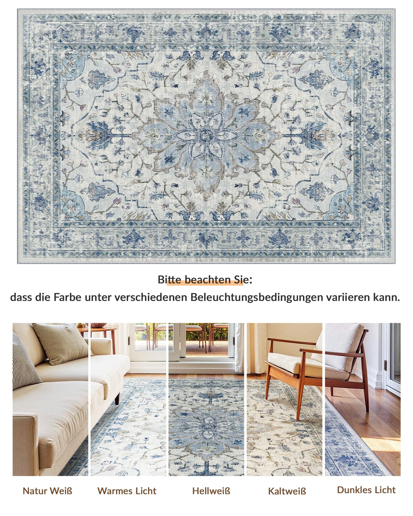 INOVADAY Vintage Waschbarer Teppich Wohnzimmer 90x150 cm Boho Kurzflor rutschfest Teppich Weich Teppiche mit Druckmuster für Schlafzimmer, Esszimmer, Büro Beige/Blau/Orange