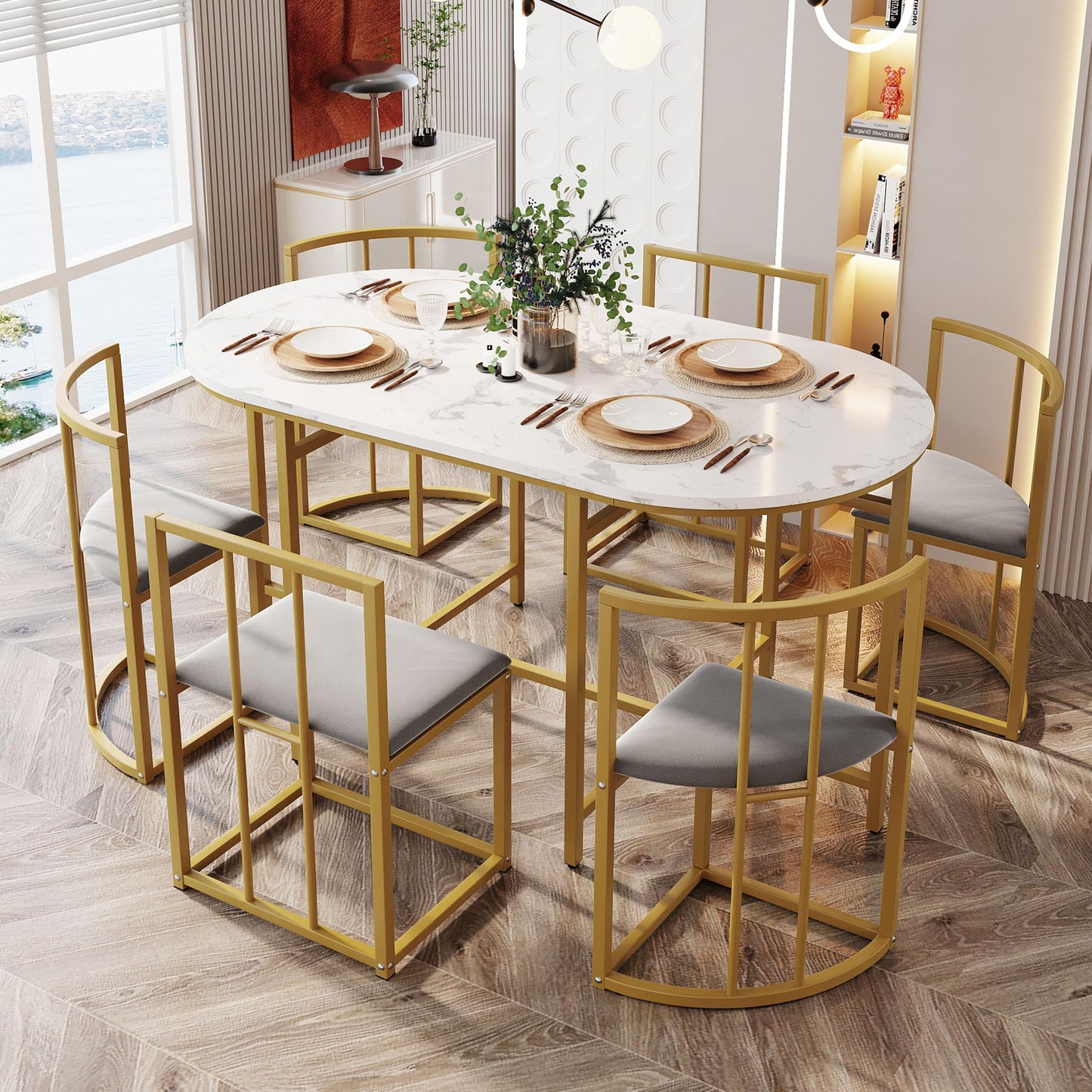 Gegtuon Esstisch 7 teilig für 6 Personen 140x80x76cm, Esstisch Rund mit 6 Stühlen und Tisch, Modern Küchentisch Metallgestell mit Rückenlehne, Essgruppe für Esszimmer Wohnzimmer Küche, Schwarz