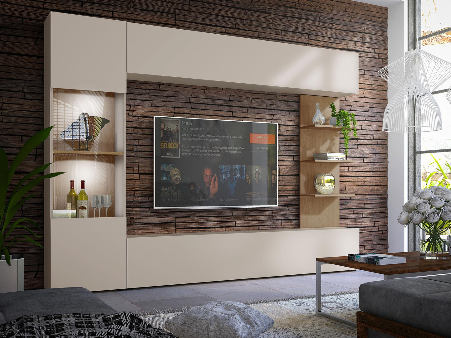 Lazando Wall Unit, Media Wall, Cabinet Wall Consisting of Wall Cabinet, Display Cabinet, TV Lowboard and Wall Shelf (Cashmere/Cremona Oak, with White LED Lighting)