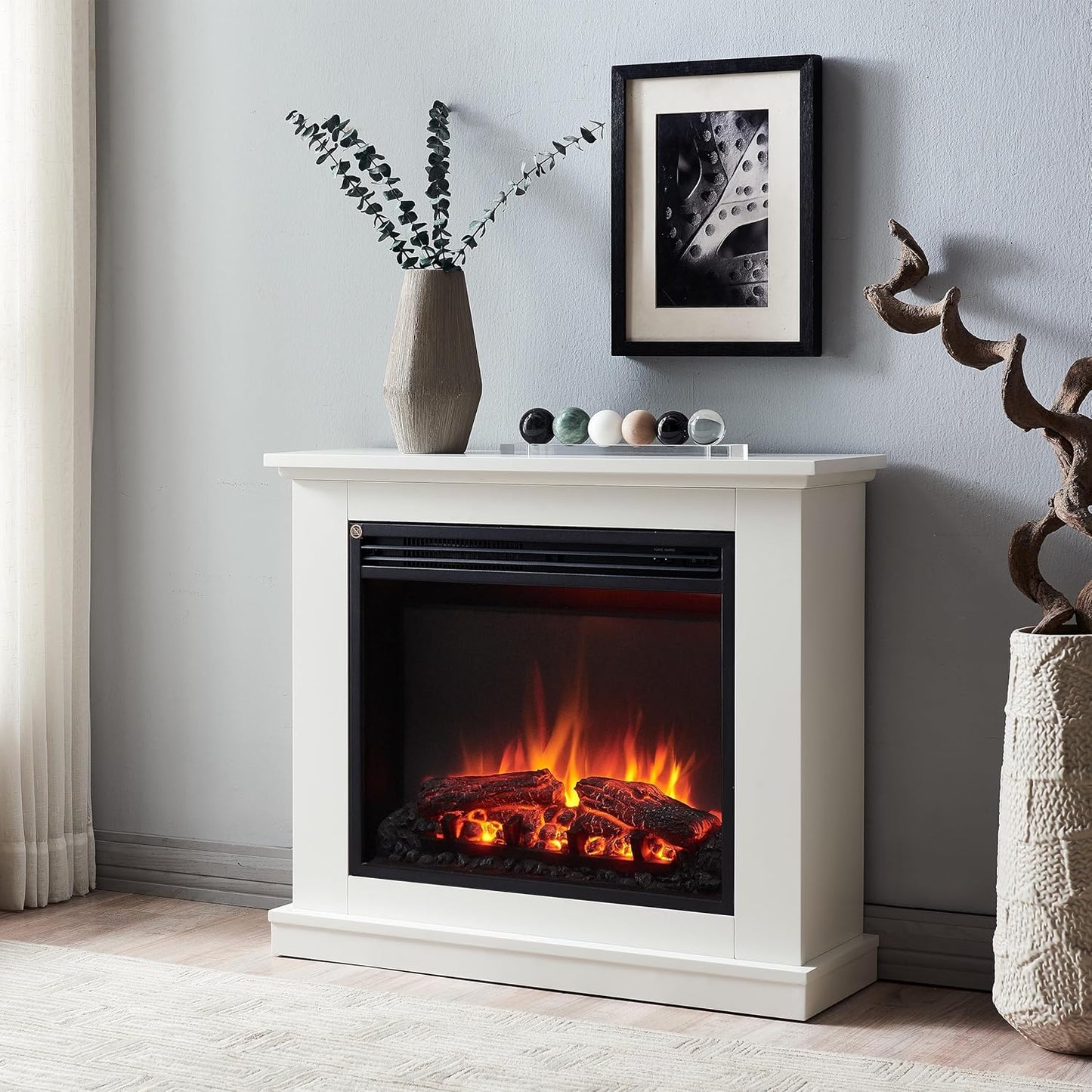 BALDERIA Phanos Electric Fireplace - Electric Standing Fireplace with Heating 1000/2000 W, Realistic 3D Flame Effect, Remote Control, Programmable, Timer, Thermostat - White (White)