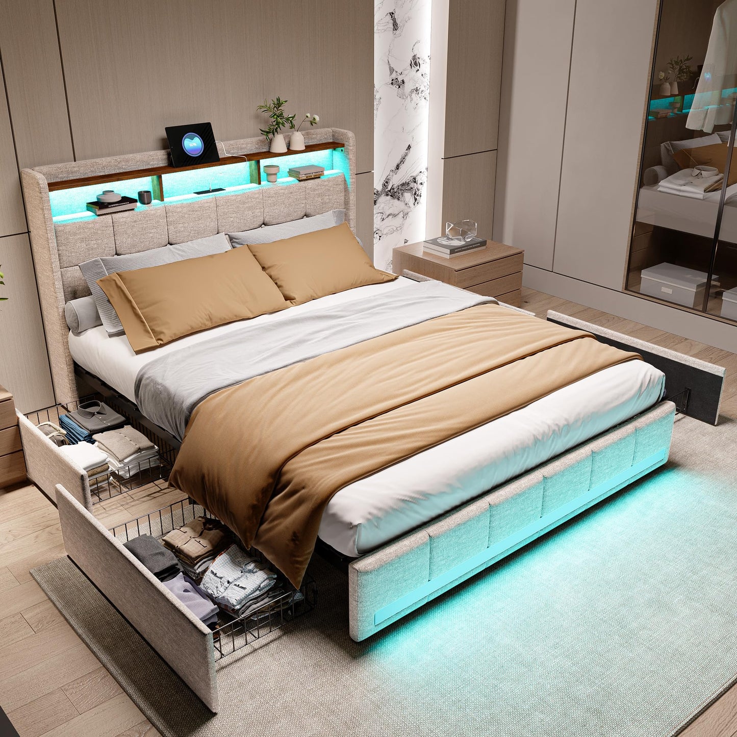 KeepGoon Doppelbett 140 x 200 cm,Polsterbett mit LED-Leuchten, 4 Eisenschubladen und einem USB Ladeanschluss,Stauraumbetten Bettgestell,Leinenstoff (Beige)