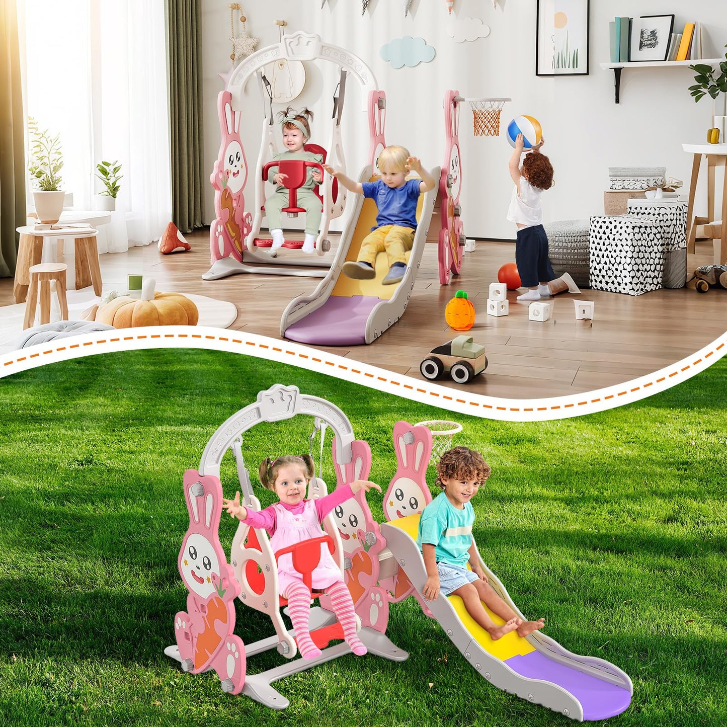 BestAlice 4 in 1 Kinderrutsche Set für Outdoor und Innen, Spielplatz mit Schaukel, Basketballkorb, Kletterleiter, Indoor- und Outdoor-Spielset, 18 Monate + (Blau)