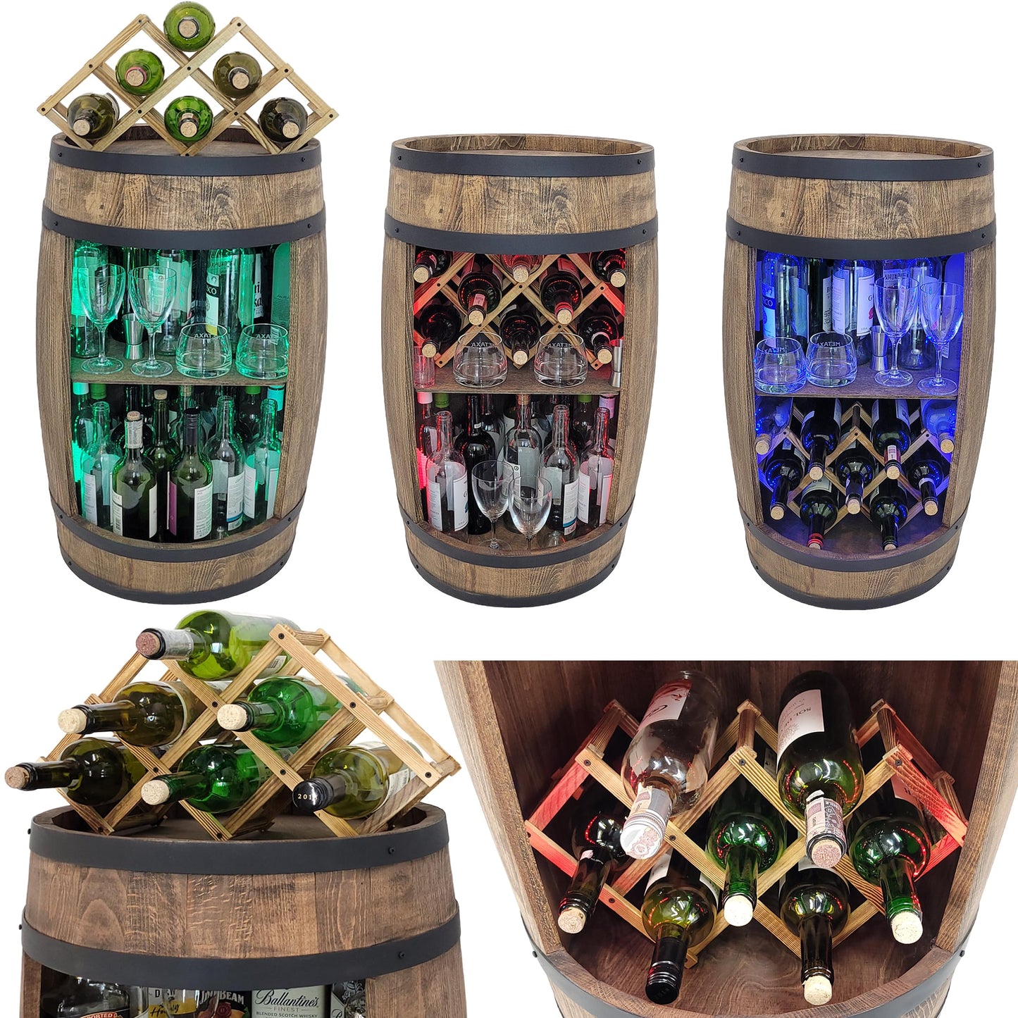 weeco Wooden Barrel with Wine Holder RGB LED Lighting - Wine Rack - Rustic Decorative Bar Cabinet Wine Stand - Draught Beer, Whisky Bar Bottle Stand. Home Bar Gift for Men (Dark Brown)
