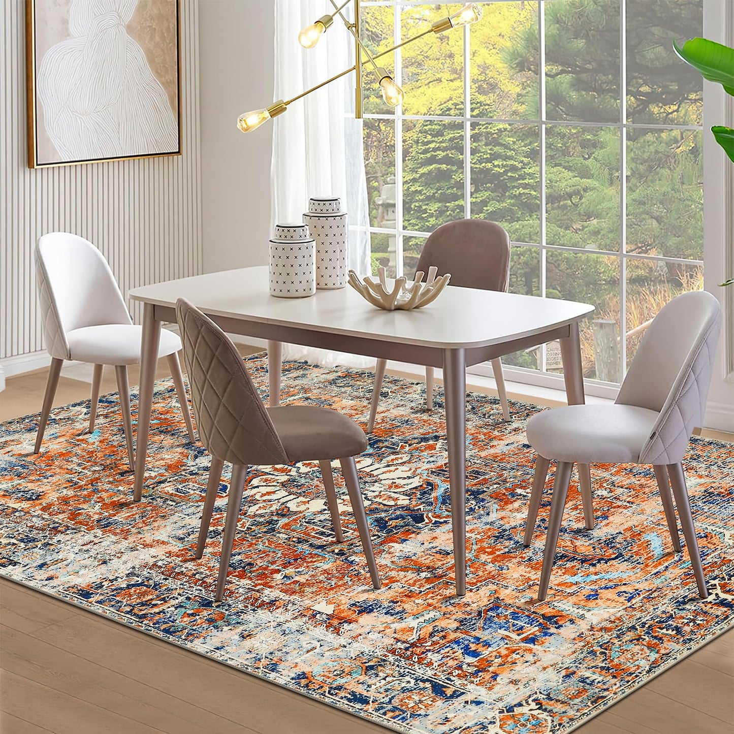 WONGS BEDDING Boho Rug Living Room Bedroom Short Pile Rugs Washable Soft Non-Slip Vintage Design