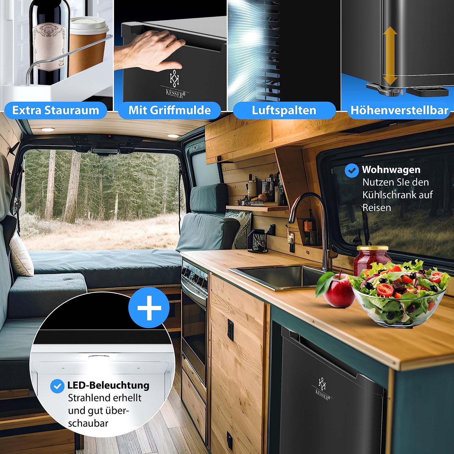 KESSER® Mini Fridge 40 L Lockable Mini Bar Ideal for Camping, Office, Bedroom, Hotel, Kitchen, Small Fridge Completely Silent, Interchangeable Door Hinge, Interior Lighting with Glass Opener