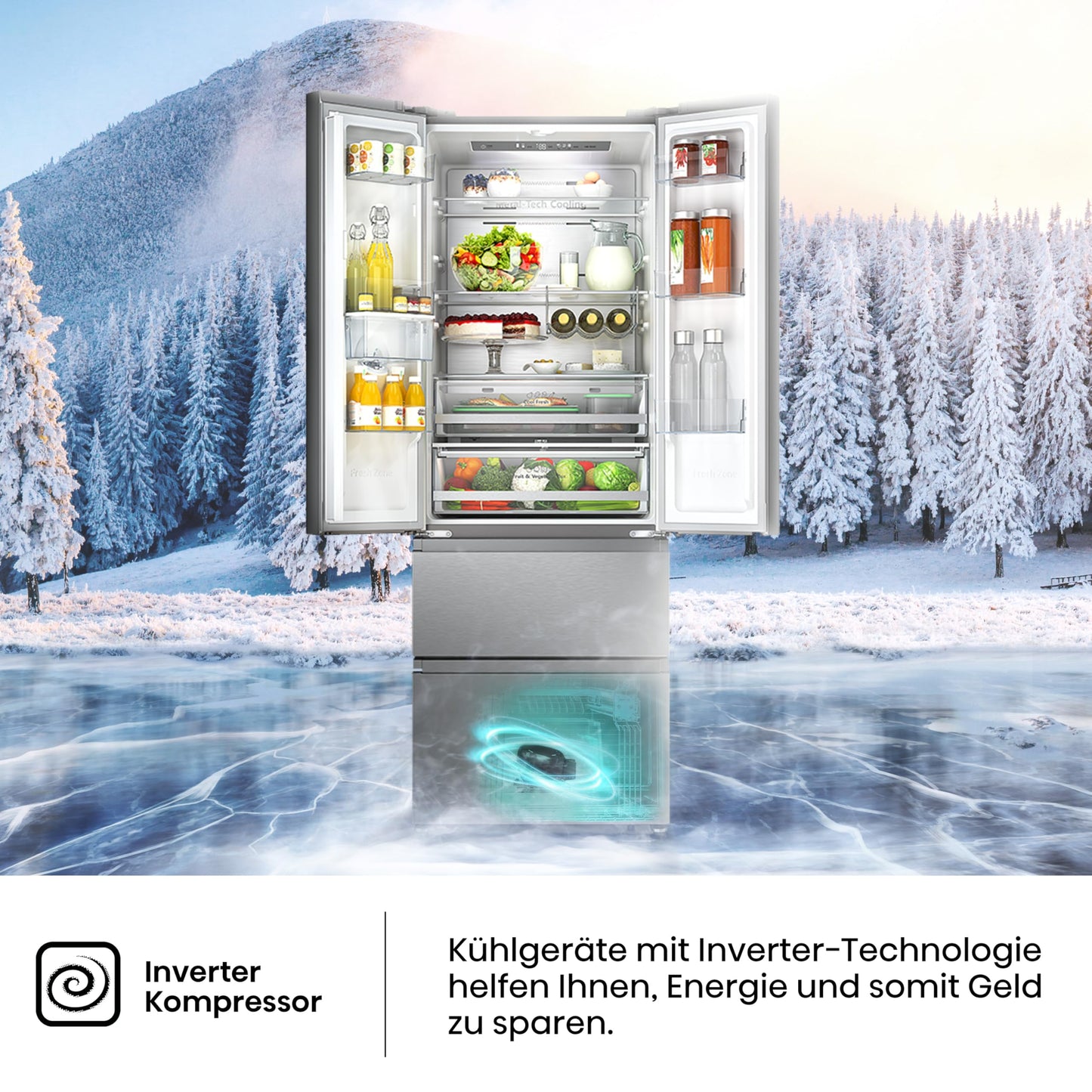Hisense RF632N4WIE French Door Kühl-Gefrierkombination/ NoFrostPlus/ Inverter-Kompressor/ Wasserspender/ CrispZone/ 200 cm/ Kühlteil 336 l/ Gefrierteil 149 l/ 38 dB/ 295 kWh/ Jahr/ Inox-Look