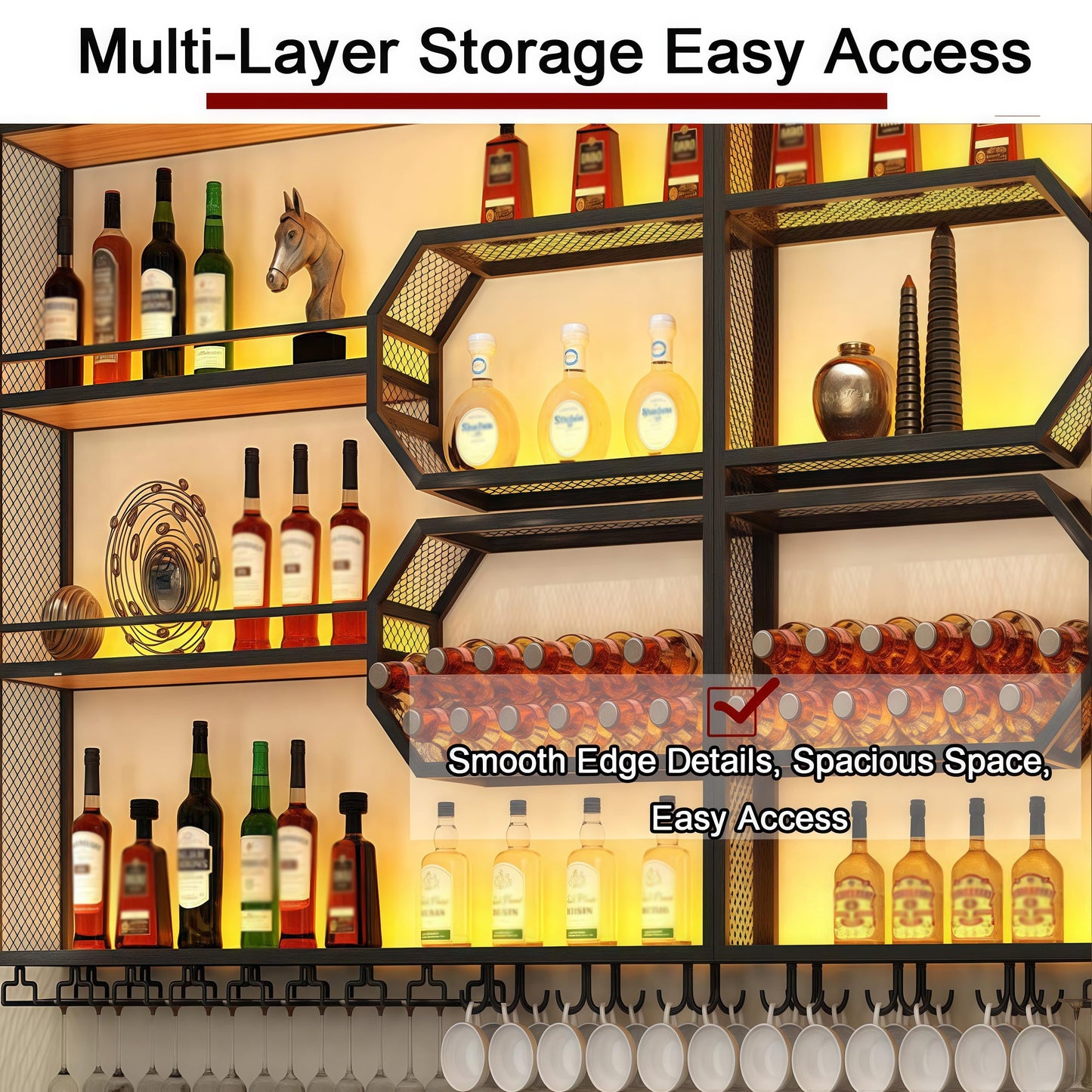 FKKPRVAX Wandmontiertes Weinregal mit LED Glashalter, 4 stöckiges Metall Wandmontage Wine Display Ständer, Wand Flaschenregal für Bar-Einheiten, Restaurants und Zuhause (240×125×25cm)