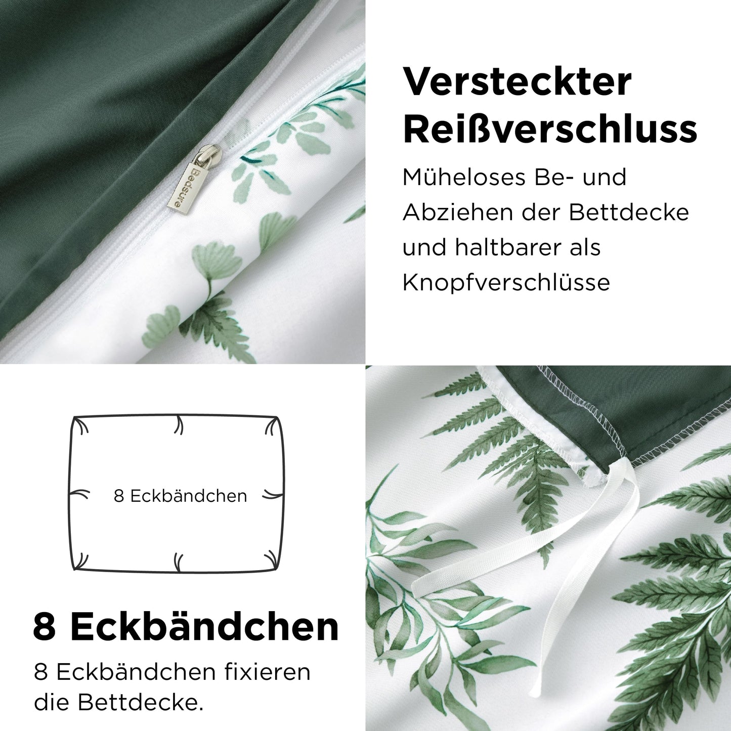 BEDSURE Bettwäsche 135x200 4teilig Bettbezug - Bettwäsche-Sets 135 x 200 cm 2er Set mit 2 Kissenbezüge 80x80cm, ÖKO-TEX Wendebettwäsche Bedding Zweige Grau Muster mit Reißverschluss