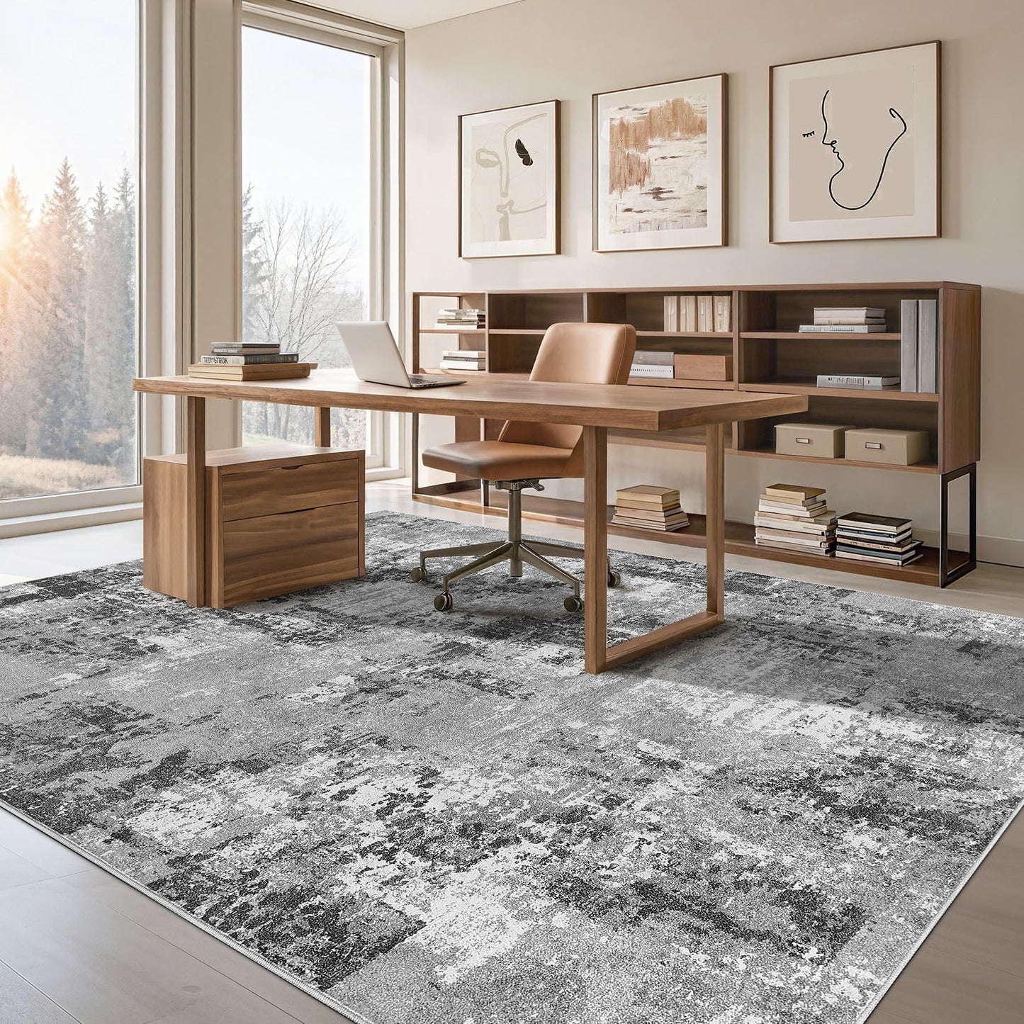 Tortania Washable 5x7 Area Rug for Living Room: Modern Abstract Neutral Large Soft Thin Rugs - Non Slip Indoor Carpet for Bedroom Dining Room Office Nursery Home Floor Decoration - Grey
