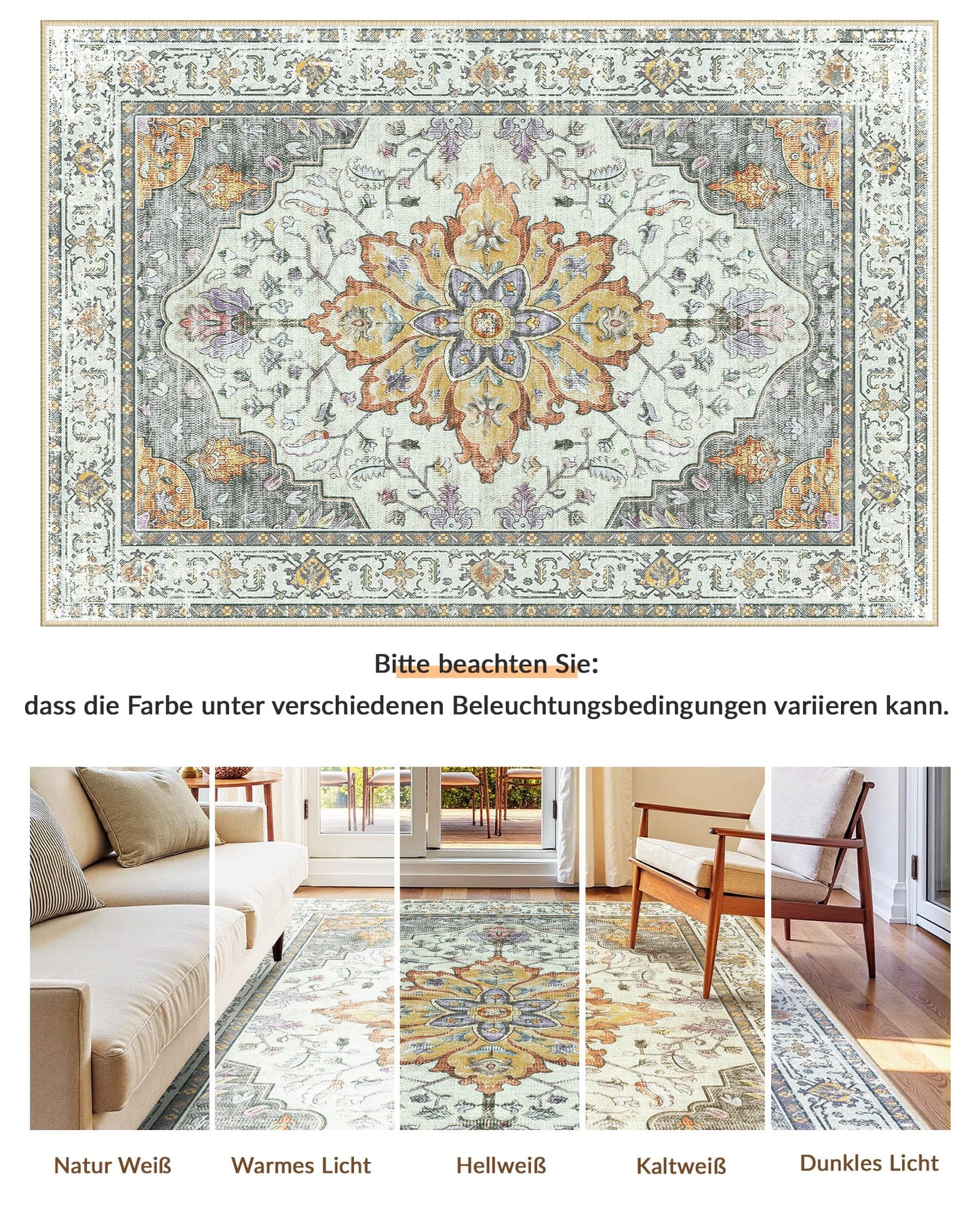 INOVADAY Vintage Waschbarer Teppich Wohnzimmer 90x150 cm Boho Kurzflor rutschfest Teppich Weich Teppiche mit Druckmuster für Schlafzimmer, Esszimmer, Büro Beige/Blau/Orange
