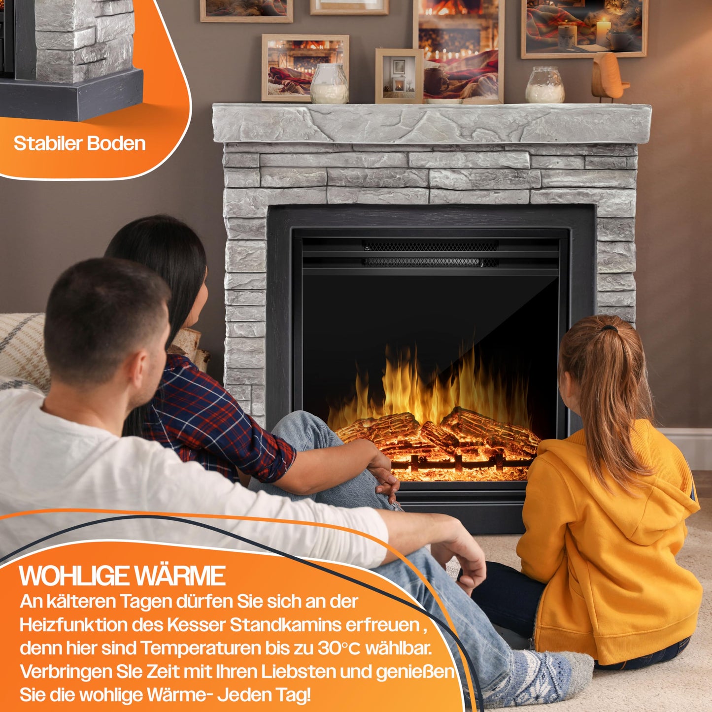KESSER® Electric Fireplace with LED 3D Flame Effect, Heating Function, 1,800 W Power, Timer, Thermostat, Remote Control, Dimmable, Stone Look/Grey