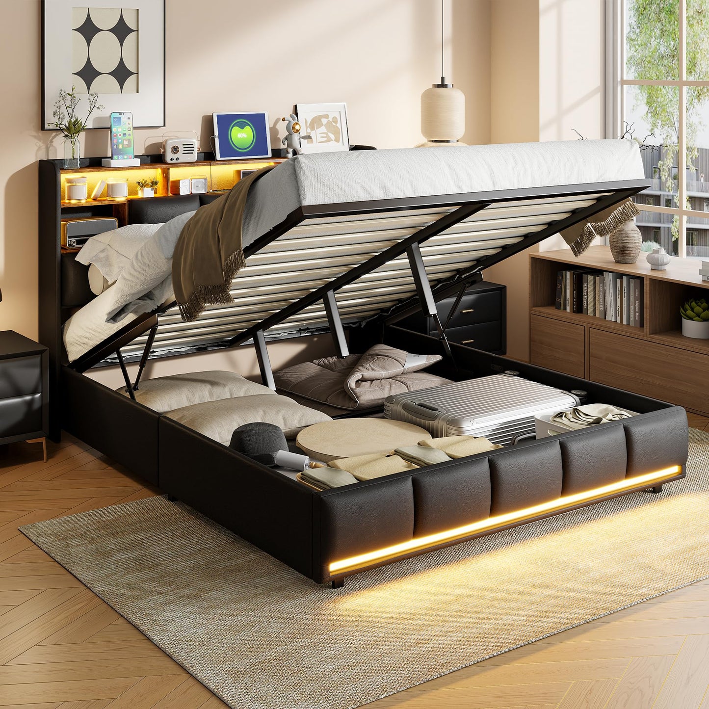 WOBOPCG Upholstered Double Bed 140 x 200, Hydraulic Storage Bed with Slatted Bases, Double Bed with Storage Space, Functional Bed with Storage Space (Grey + Flannel, 140 x 200)