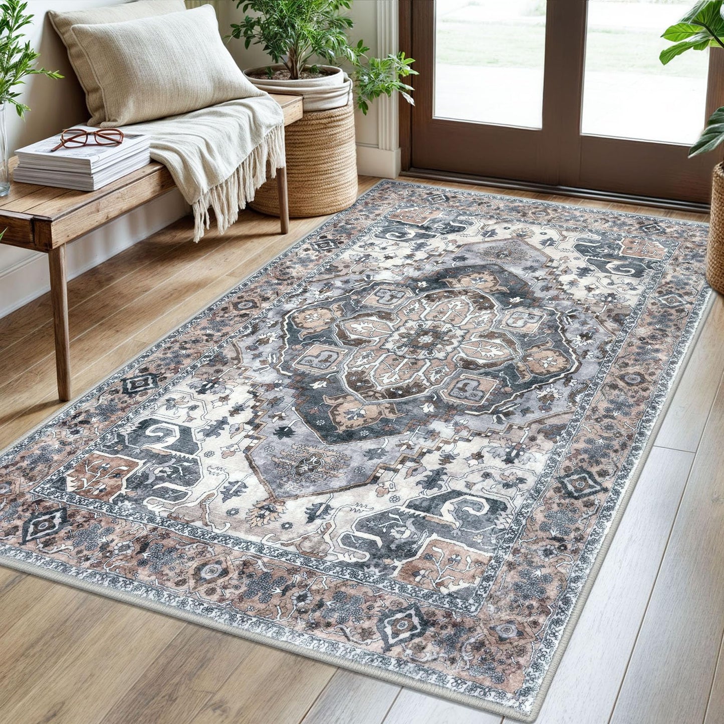 2x3 Blue Washable Rug for Entrance, Soft Traditional Area Rug, Non-Slip Printed Kitchen Rugs, Low-Pile Medallion Indoor Door Mat, Small Farmhouse Carpet for Entryway Kitchen Foyer Bedside