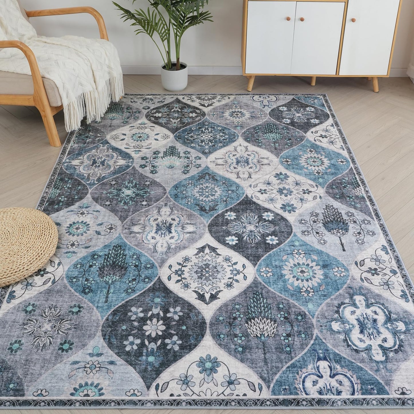 Xfrog Blumen Boho Teppich - Rutschfester Waschbarer Ultraweicher Antiker Niedriger Flor Flächenteppich für Wohnzimmer, Schlafzimmer, Kinderzimmer - 80 x 150 cm