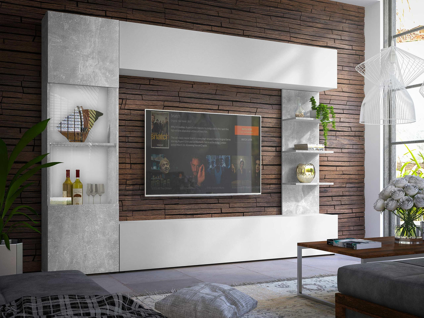 Lazando Wall Unit, Media Wall, Cabinet Wall Consisting of Wall Cabinet, Display Cabinet, TV Lowboard and Wall Shelf (Cashmere/Cremona Oak, with White LED Lighting)