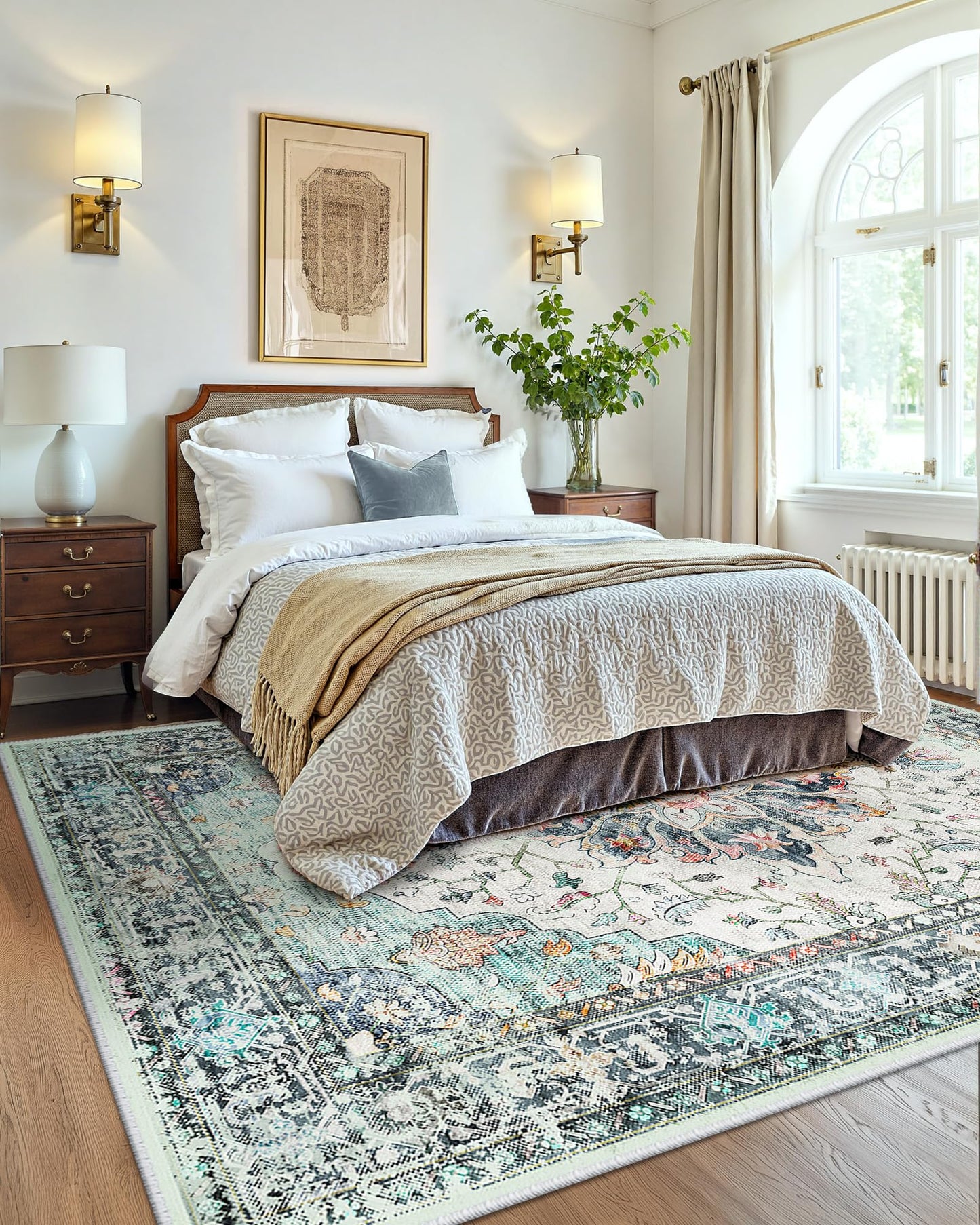 INOVADAY Vintage Waschbarer Teppich Wohnzimmer 90x150 cm Boho Kurzflor rutschfest Teppich Weich Teppiche mit Druckmuster für Schlafzimmer, Esszimmer, Büro Beige/Blau/Orange