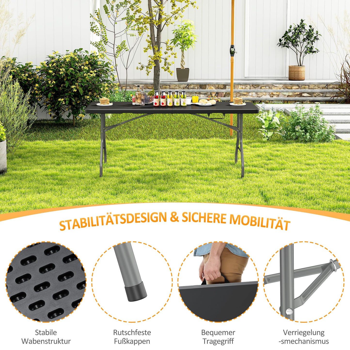 Asdsed Campingtisch 180x74 cm, Klappbar Gartentisch Buffettisch Wetterfest Tragbar Kunststoff Stabil Garten Klapptisch Partytisch Picknicktische Balkontisch