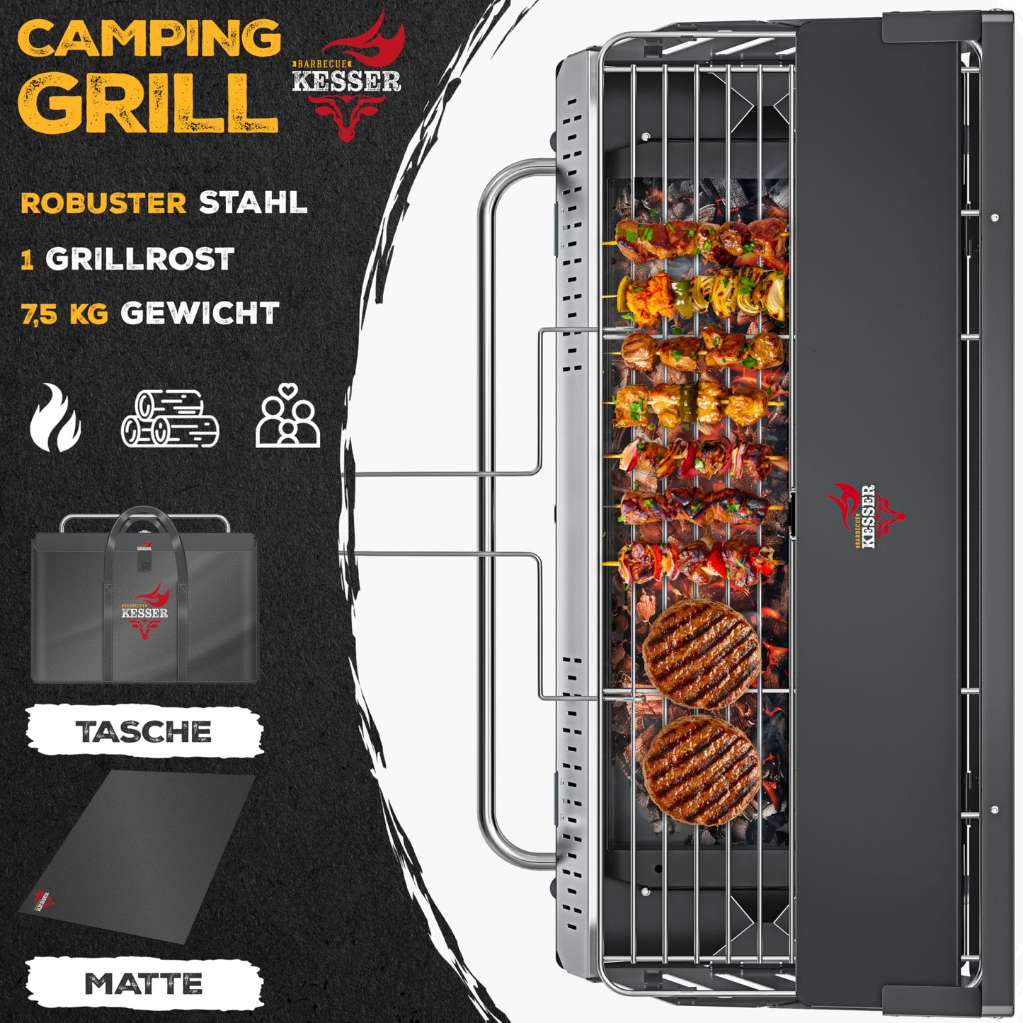 KESSER® Folding Barbecue Portable Camping Grill with Frame, Charcoal Grill Made of Powder-Coated Steel Including Grill Grate, Grill Mat & Carry Bag, Foldable BBQ Ideal for Camping, Picnic & Fishing