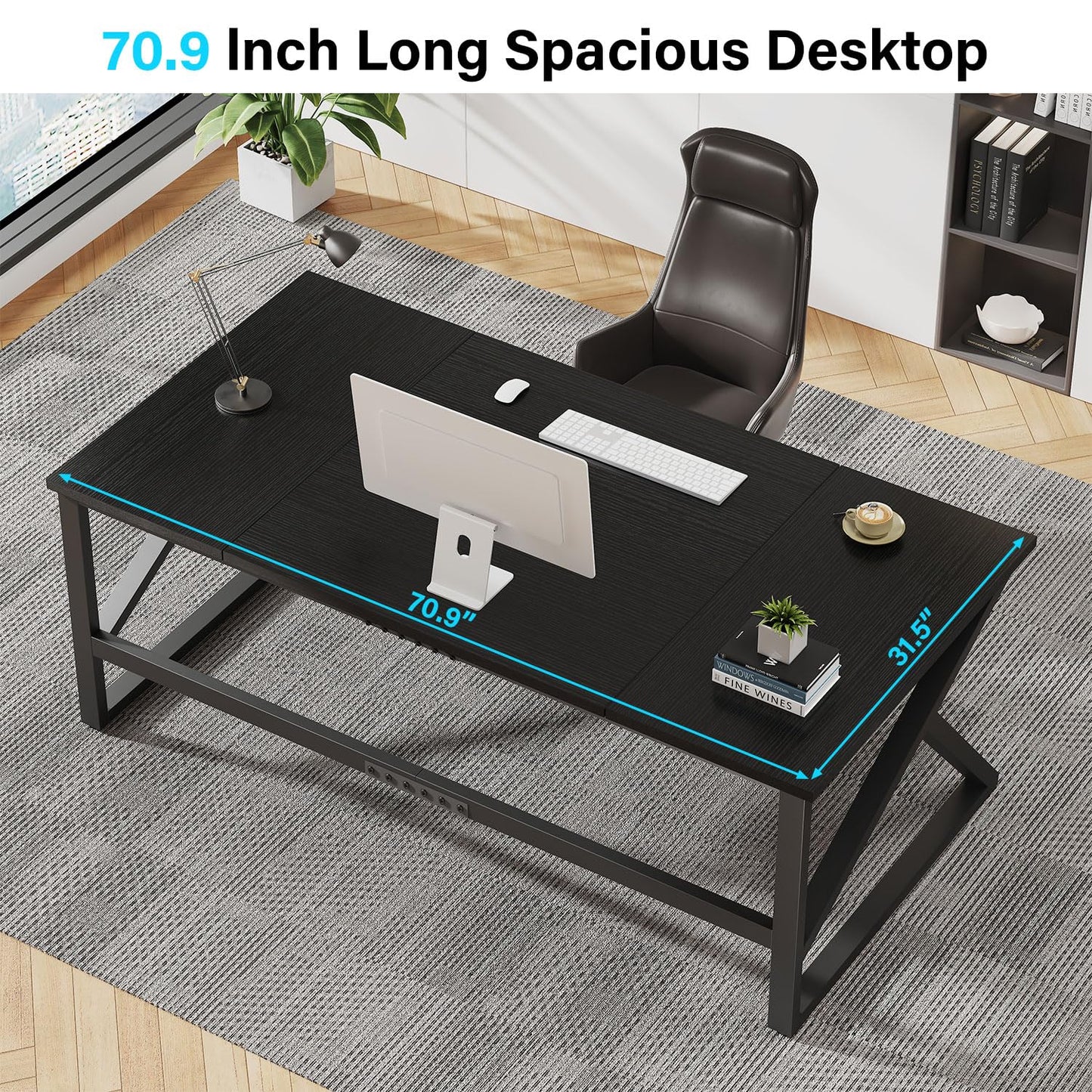 IBF Desk in Brown Colour with a Length of 70 Inches, Industrial Large Double Metal and Wood Desk for Computer, Long Office Table for Home
