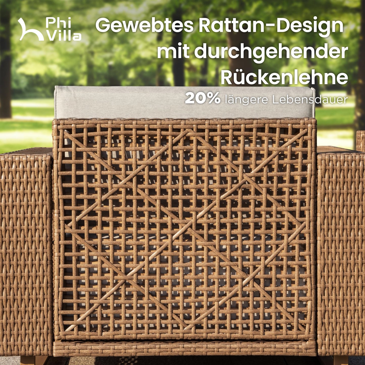PHI VILLA Rattan Gartenmöbel Set Balkonmöbel für 6, Lounge Möbel Outdoor Sofa Sets für Garten und Terrasse, Allwetter Gartensofa Terassenmöbel Außen mit Dicken Weißen Kissen und Ergonomischem Design