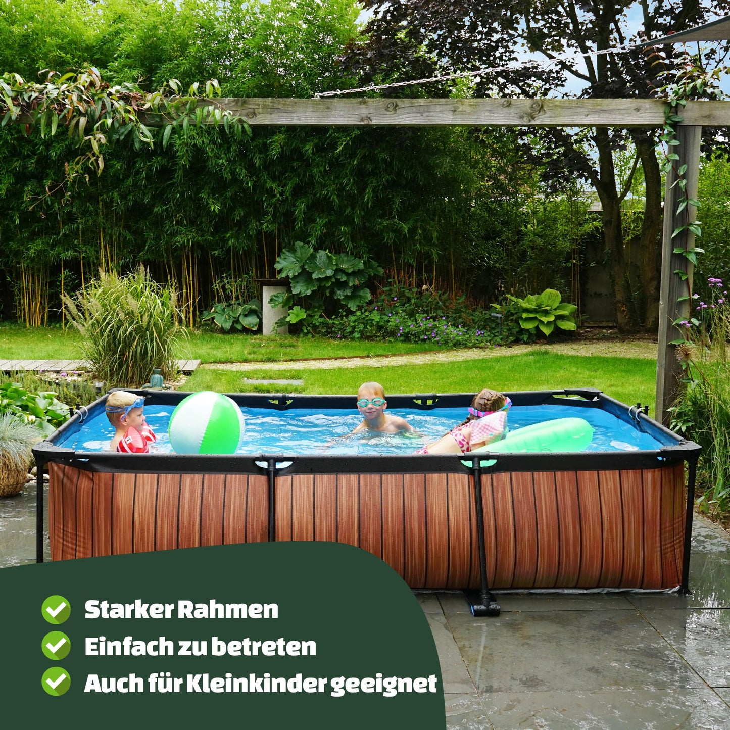 EXIT Toys Soft Grey Pool - 300x200x65cm - Rechteckiger, Kompakter Rahmenpool mit Kartuschenfilterpumpe - Leicht Zugänglich - Für Kleinkinder Geeignet - Starker Rahmen - Einzigartiges Design - Grau