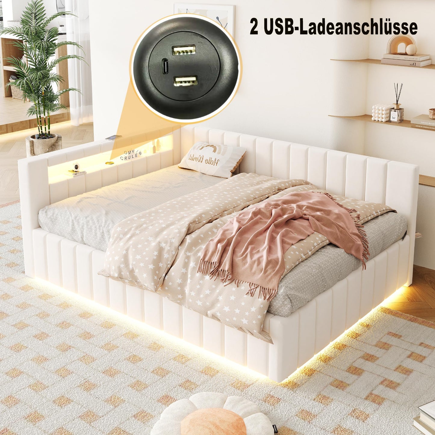 KEYIDE Upholstered Sofa Bed, 140 x 200 cm with LED Lighting and USB Charging, Bed Frame with Wooden Slatted Frame, Day Bed, Guest Bed, Youth Bed, Velvet Fabric, Without Mattress (Grey, 140 x 200)