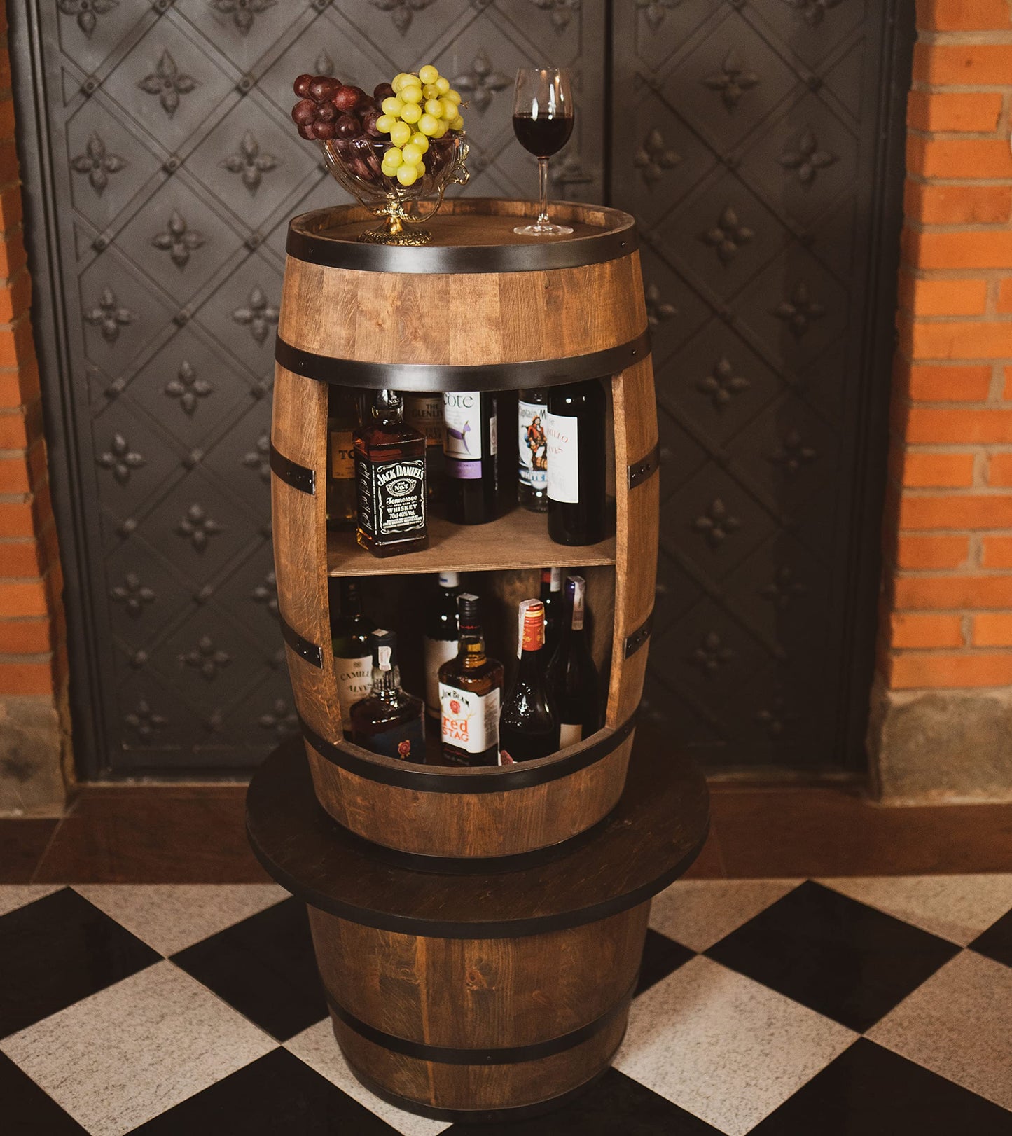 CREATIVE COOPER Wine Barrel Bar Table - Mini Bar Shelf Round - Alcohol Shrank Bottle Rack Wooden Shelves - Wooden Barrel Decoration - Wine Rack - Barrel Furniture - Wine Rack - Furniture Living Room -