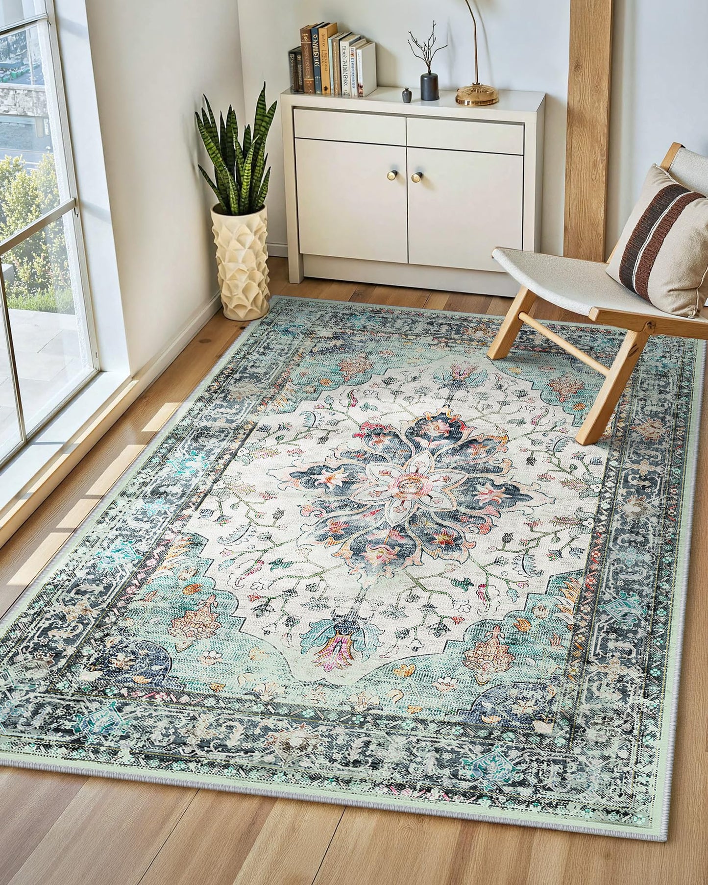 INOVADAY Vintage Waschbarer Teppich Wohnzimmer 90x150 cm Boho Kurzflor rutschfest Teppich Weich Teppiche mit Druckmuster für Schlafzimmer, Esszimmer, Büro Beige/Blau/Orange